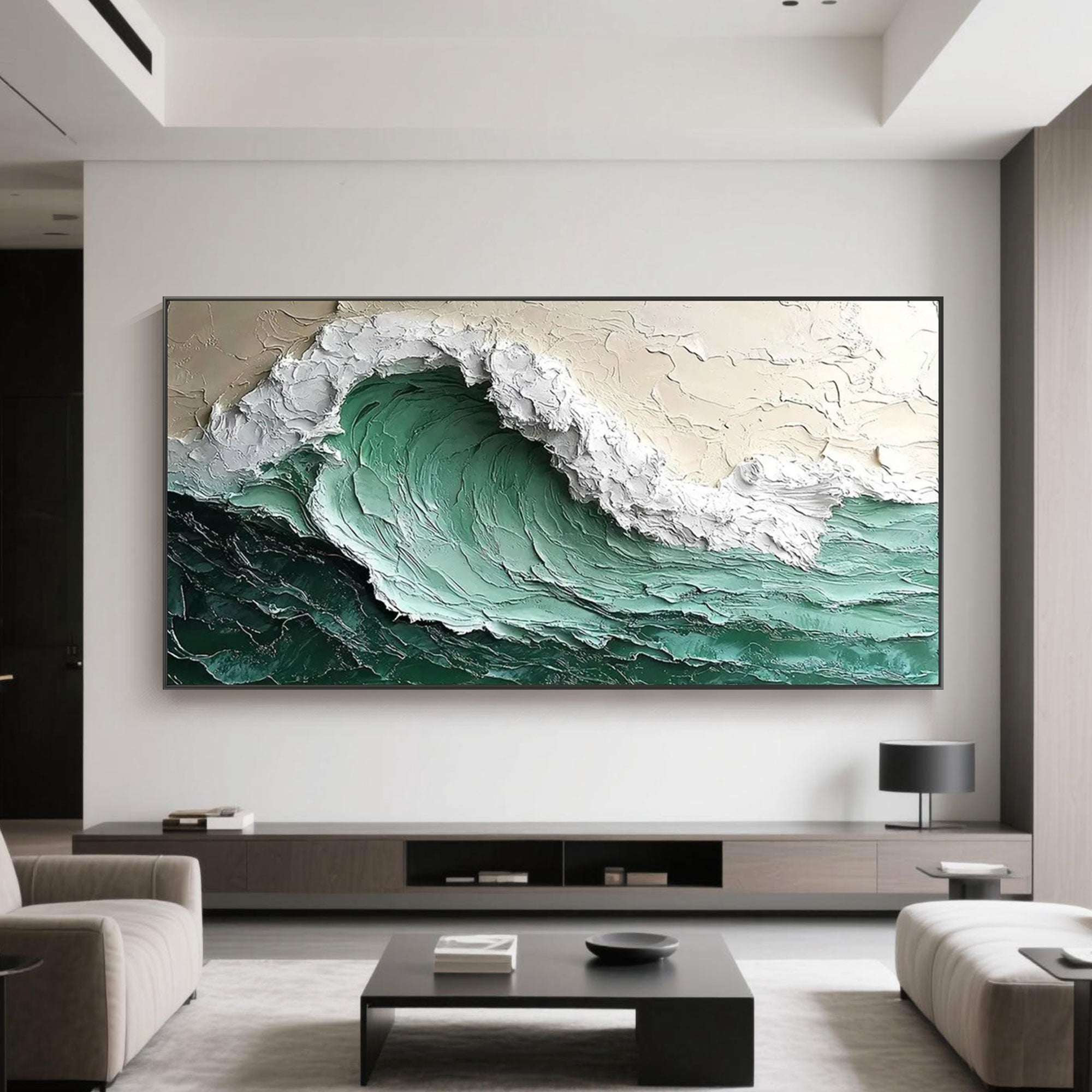 Modern living room with 3D ocean wave canvas art.