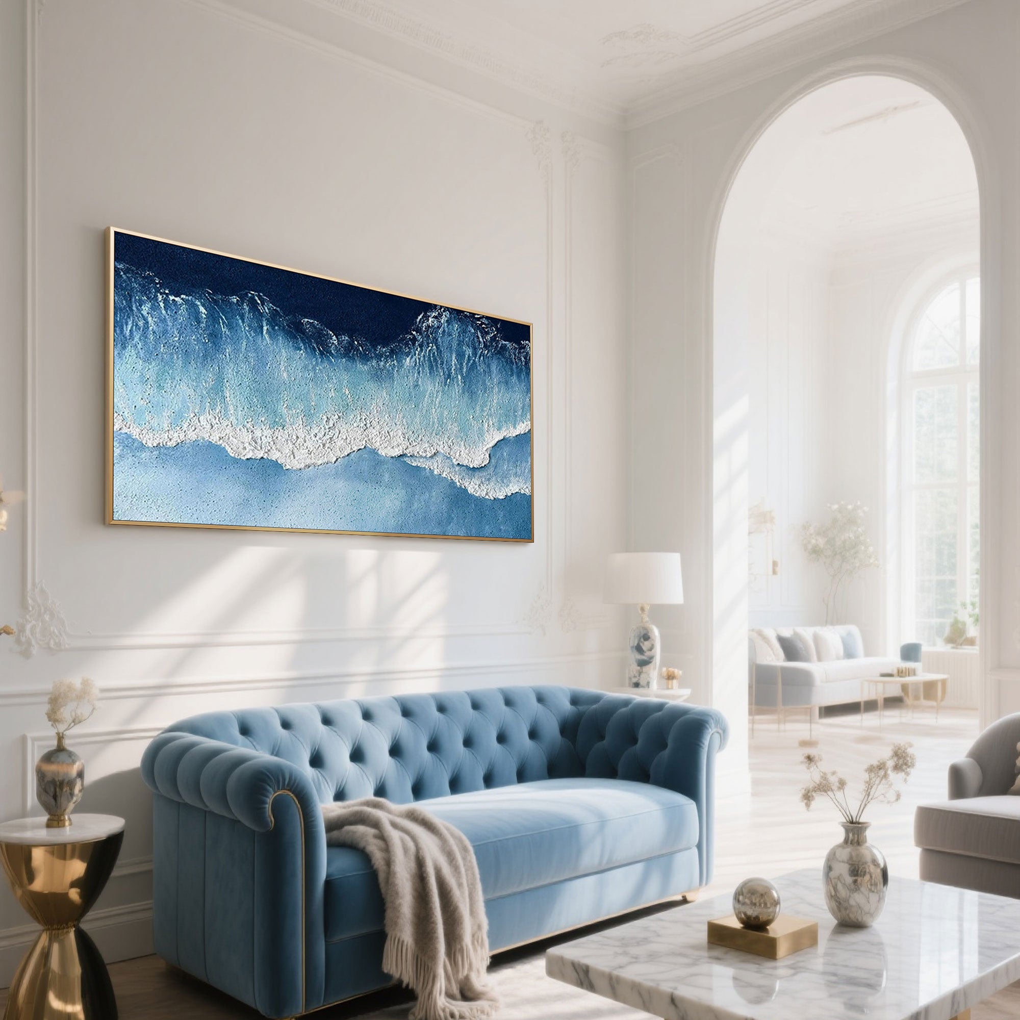 Framed ocean wave art, ready to hang in a modern home.