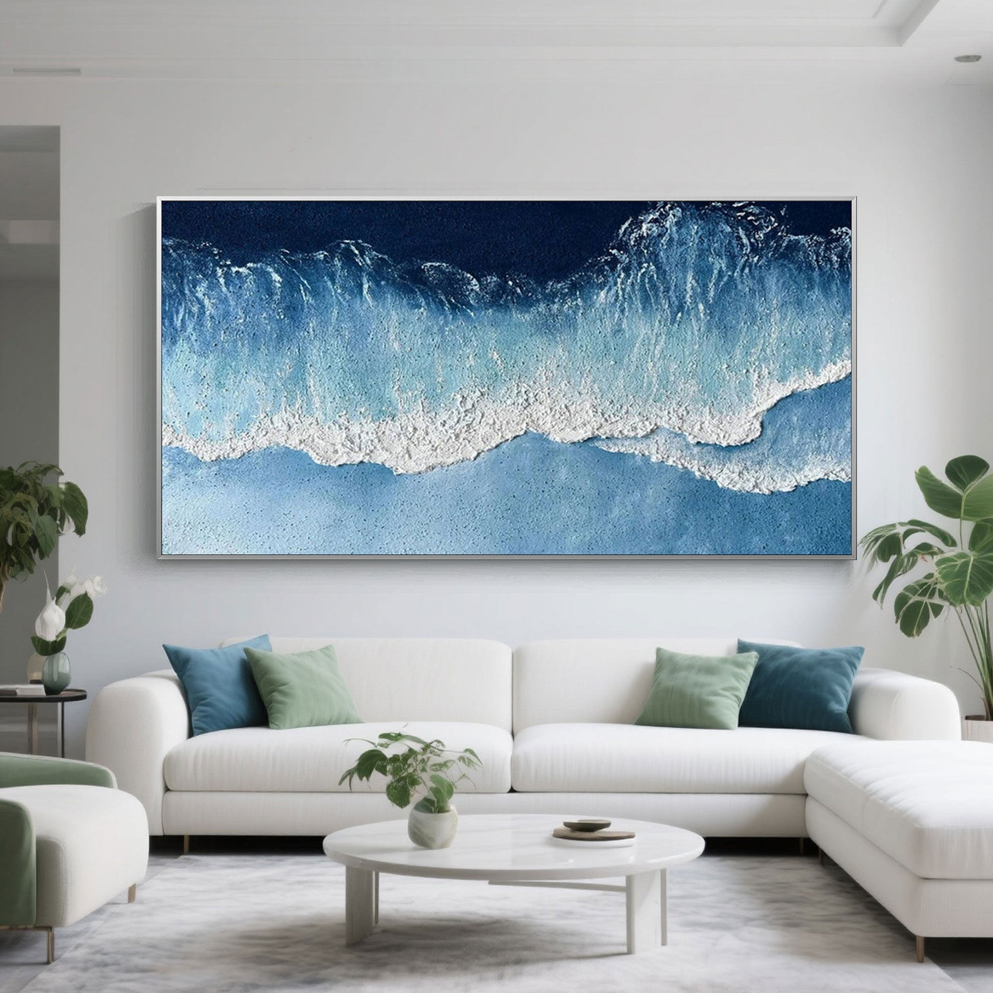 Ocean wave painting in a modern living room setting.