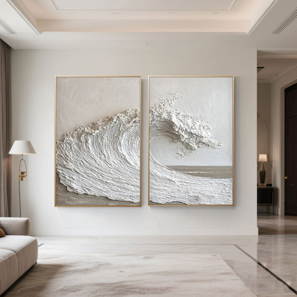 3D seascape art in gold frames, displayed in a modern living room setting.