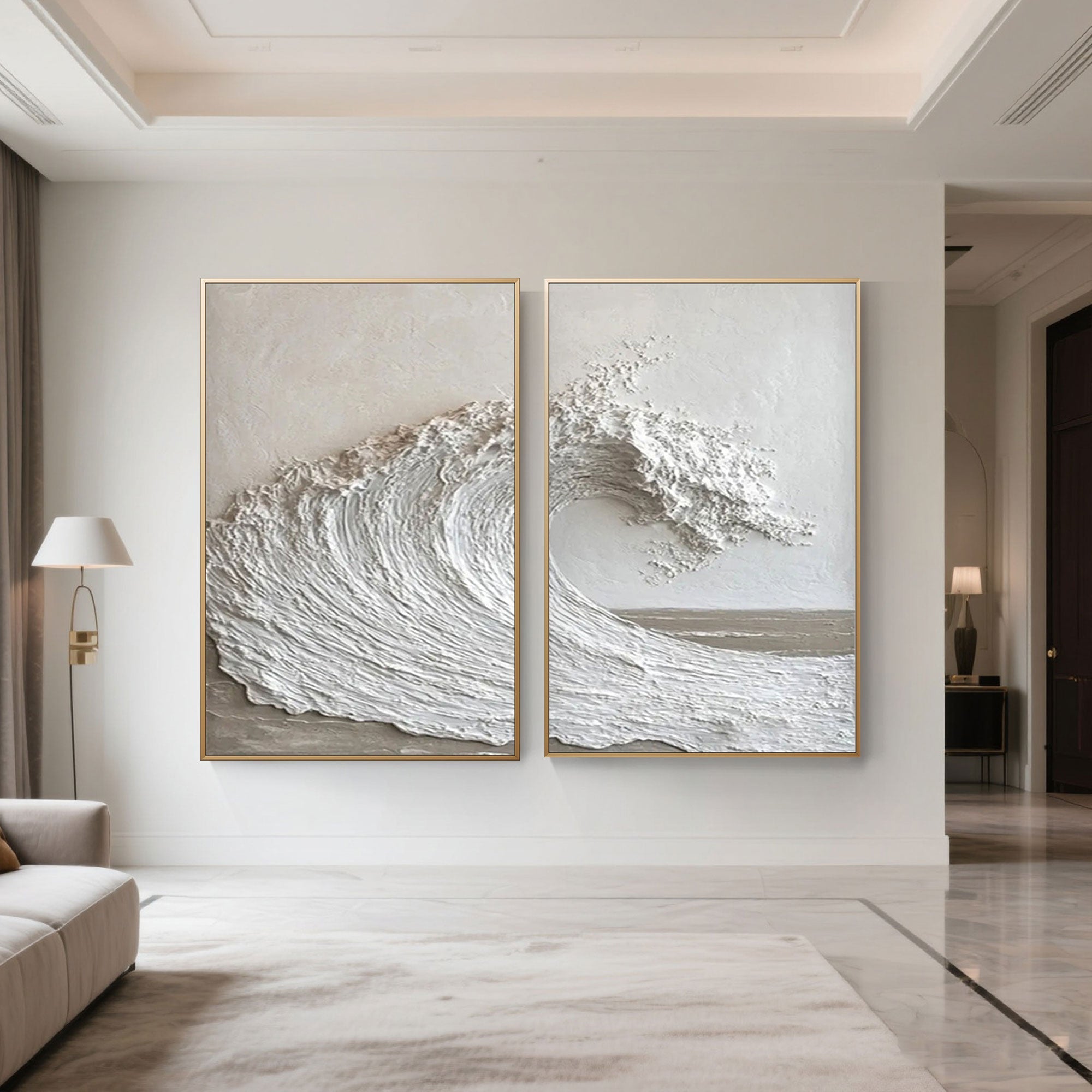 3D seascape art in gold frames, displayed in a modern living room setting.