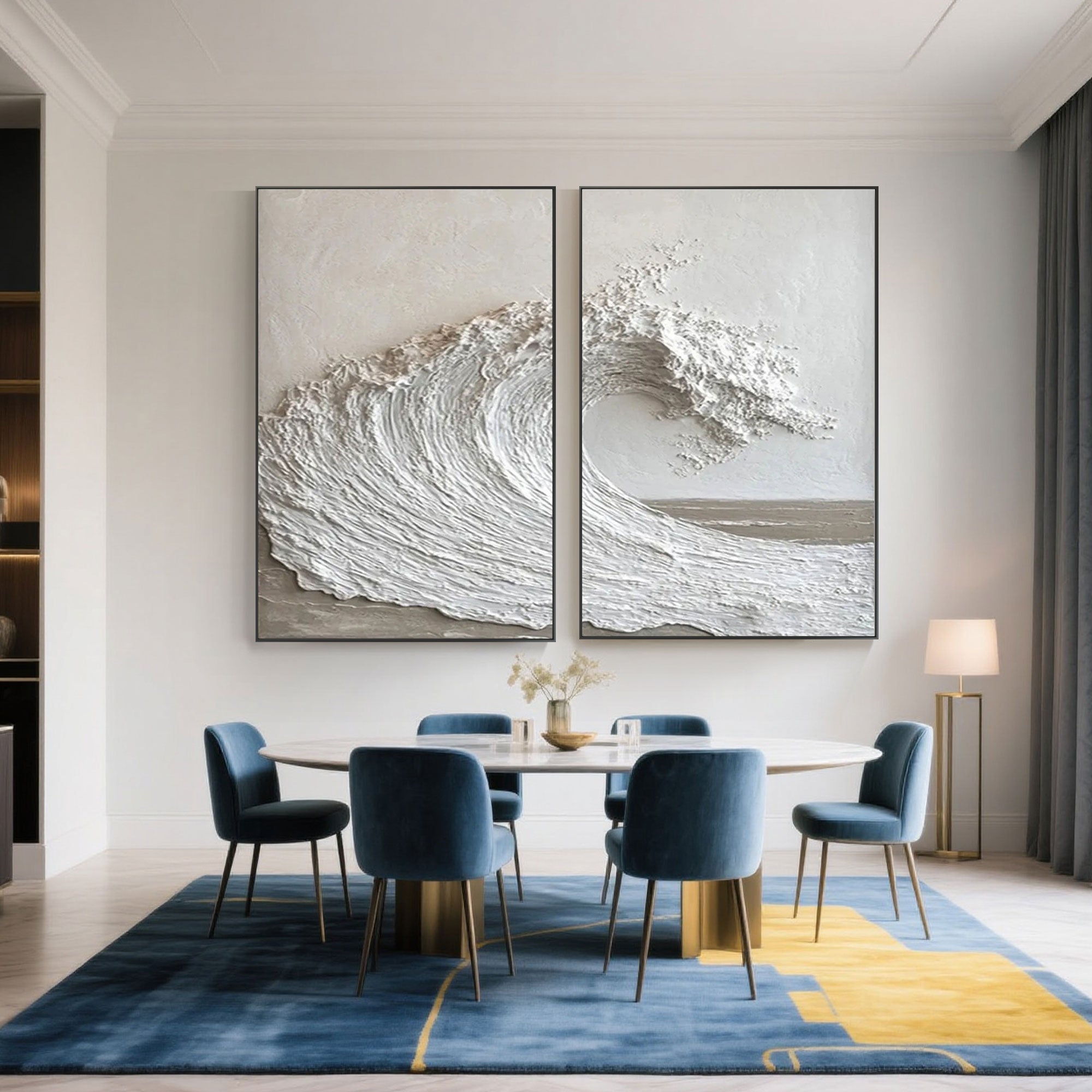 Ocean Rise canvas art in dining room with blue chairs and rug.