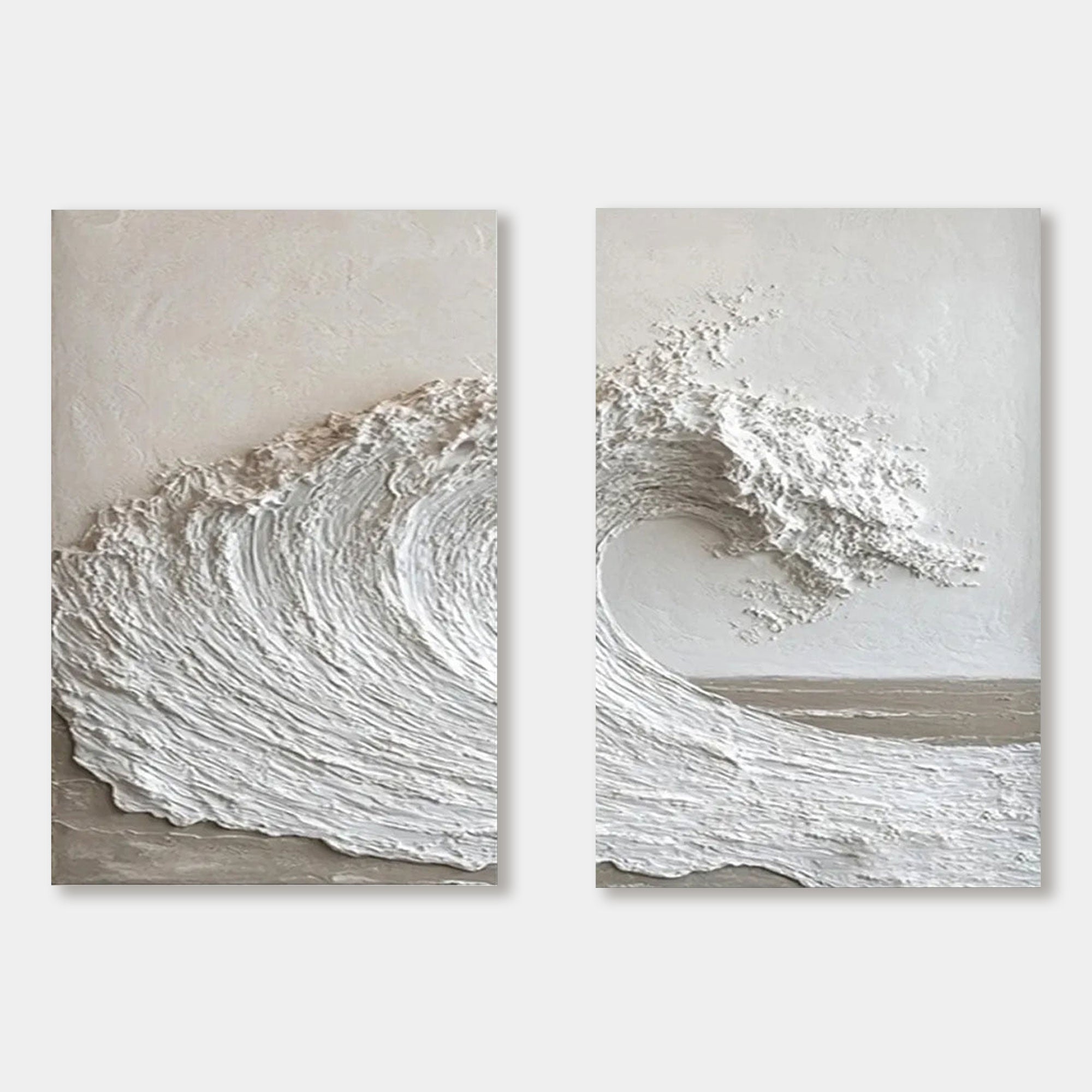 Ocean Rise 3D textured seascape canvas art, two-panel view of crashing wave.