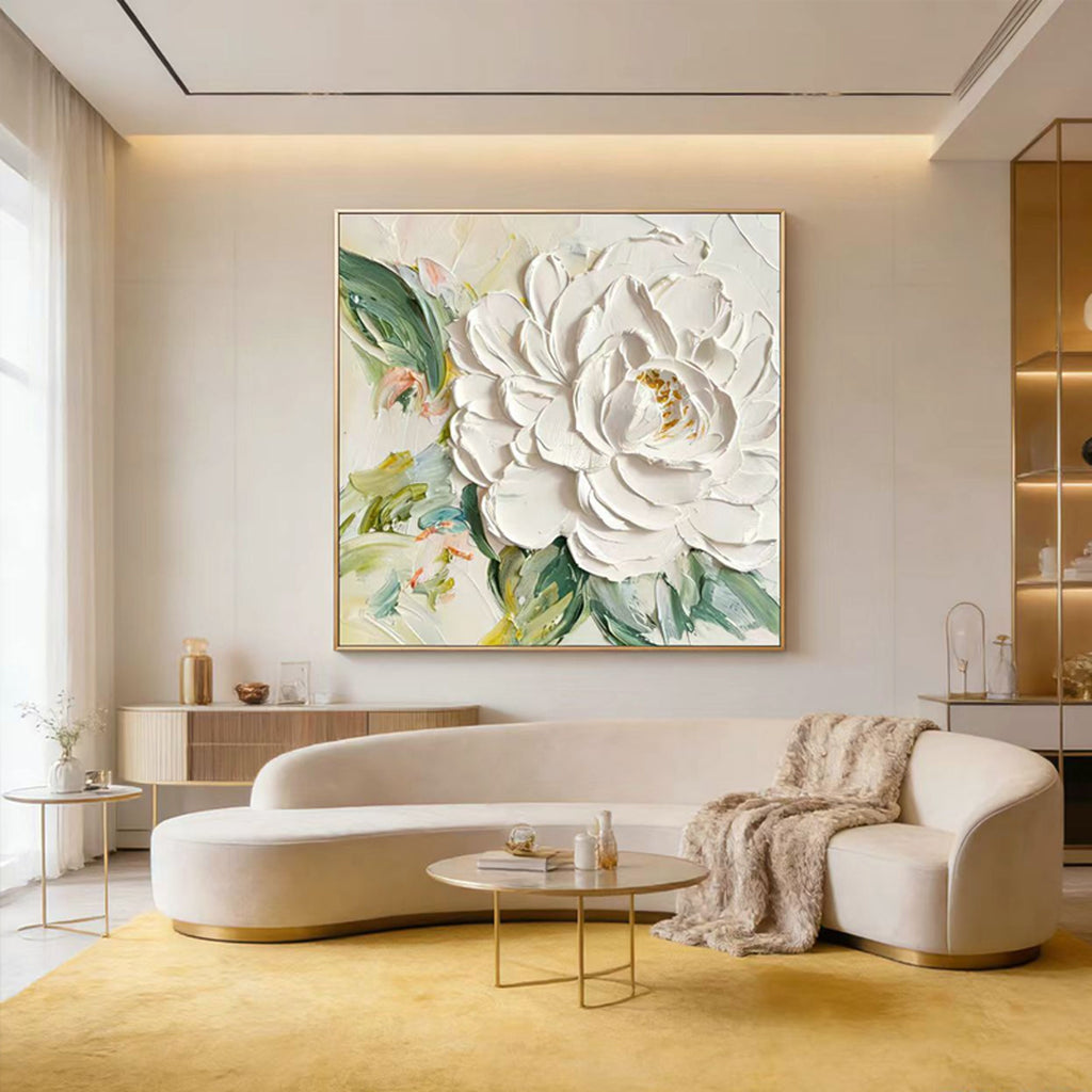3D textured white peony canvas wall art by Lumi Gallery in contemporary living room