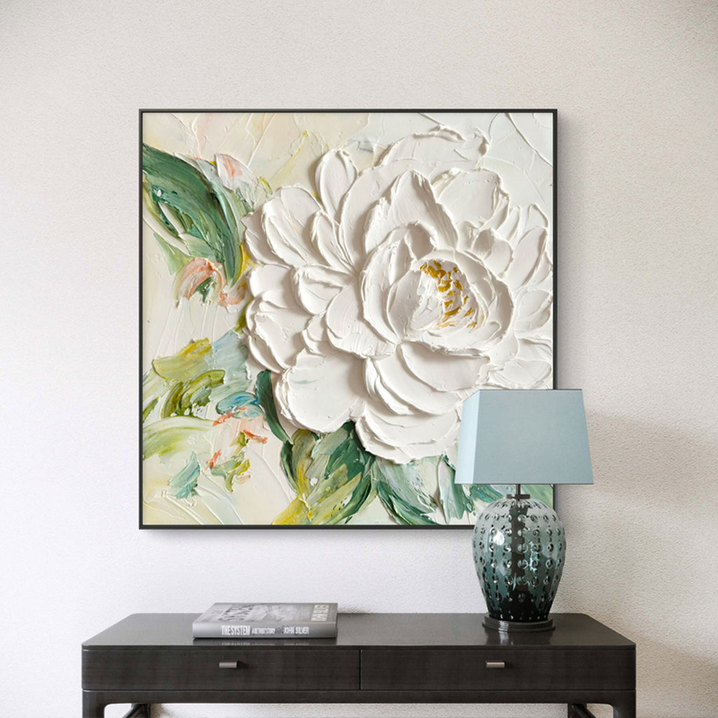 3D textured white peony canvas wall art by Lumi Gallery, modern interior decor