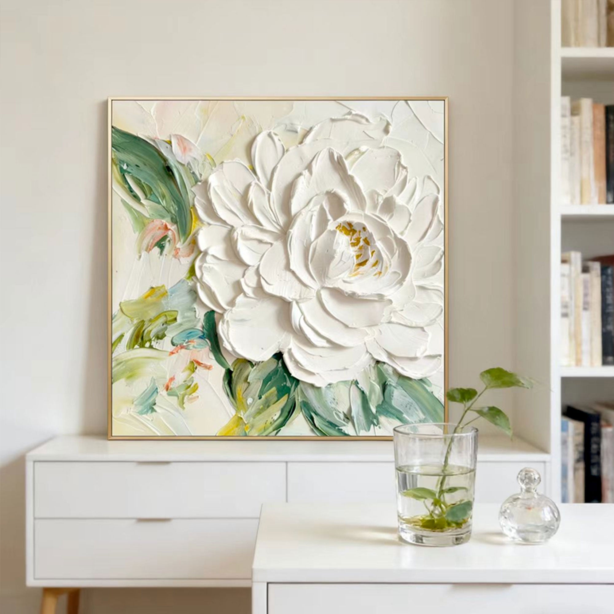 3D textured white peony framed canvas wall art 'Bloom Empress' by Lumi Gallery