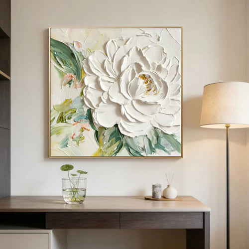 White textured peony wall art by Lumi Gallery in modern interior