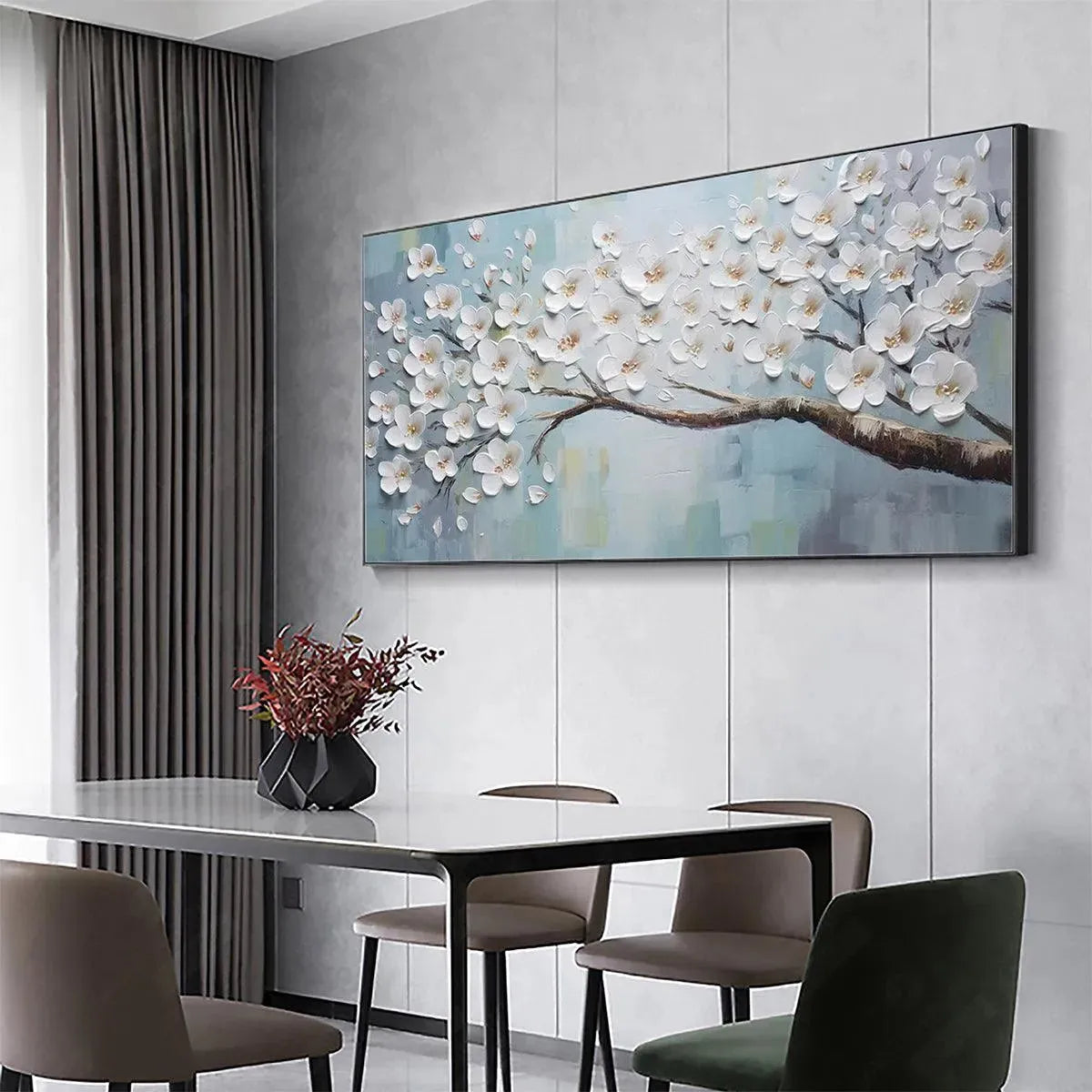3D 'Serenity' floral art hanging above a dining table. Contemporary interior decor.