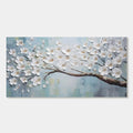 3D white floral wall art, 'Serenity' close-up. Textured impasto blossoms on blue gradient canvas.