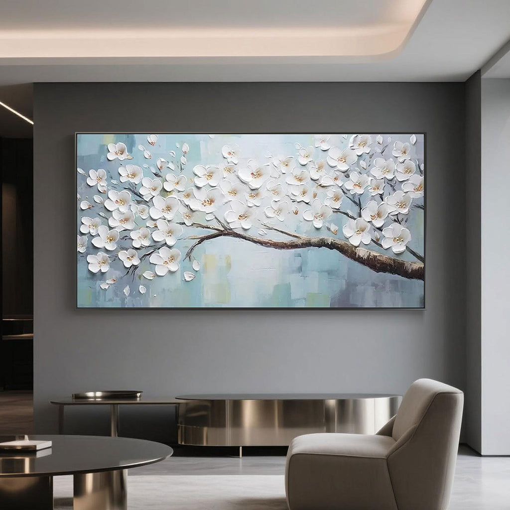Serenity 3D floral wall art in a modern living room. Sleek framed canvas above console.