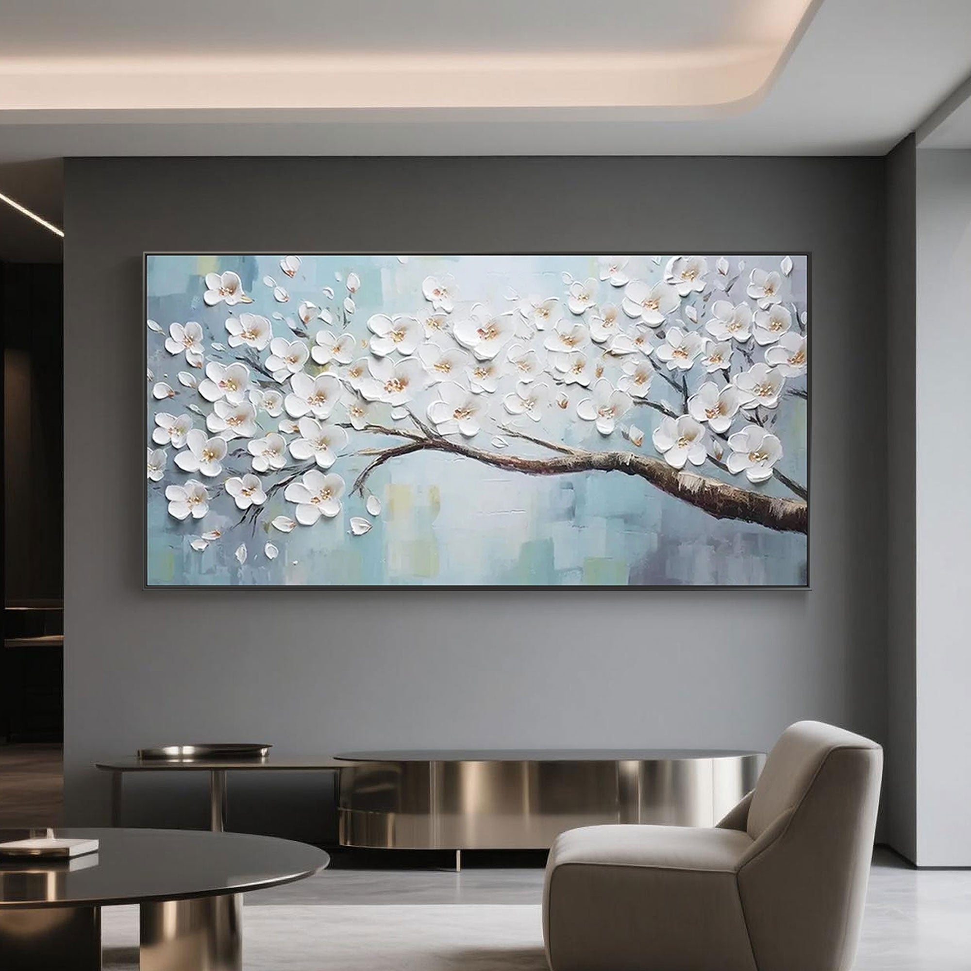Serenity 3D floral wall art in a modern living room. Sleek framed canvas above console.