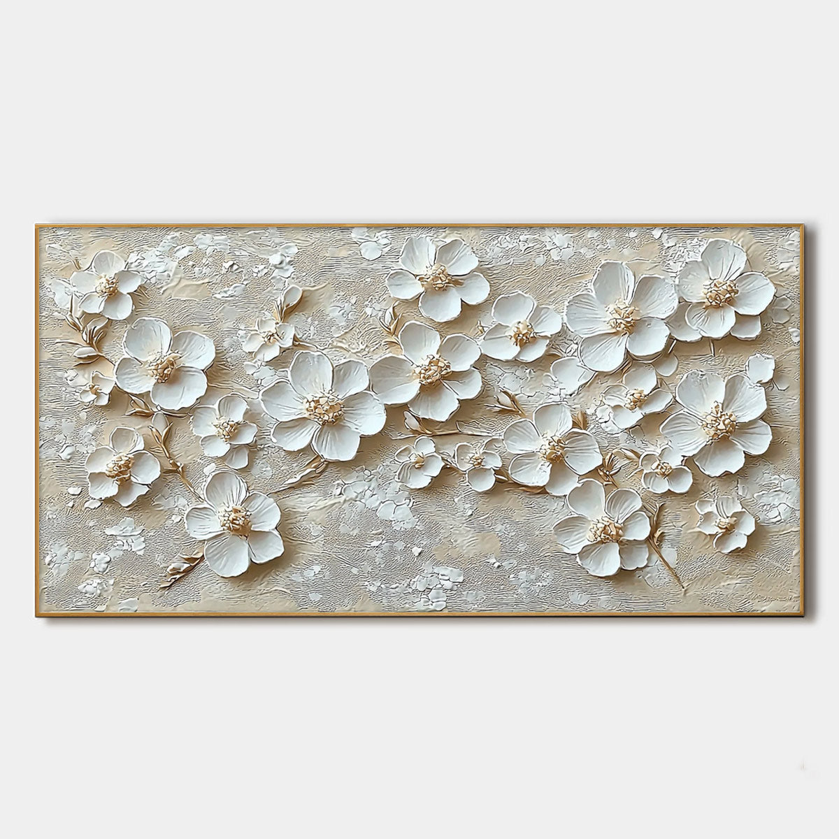 Close-up of 3D floral beige wall art with sculpted white flowers and textured canvas.