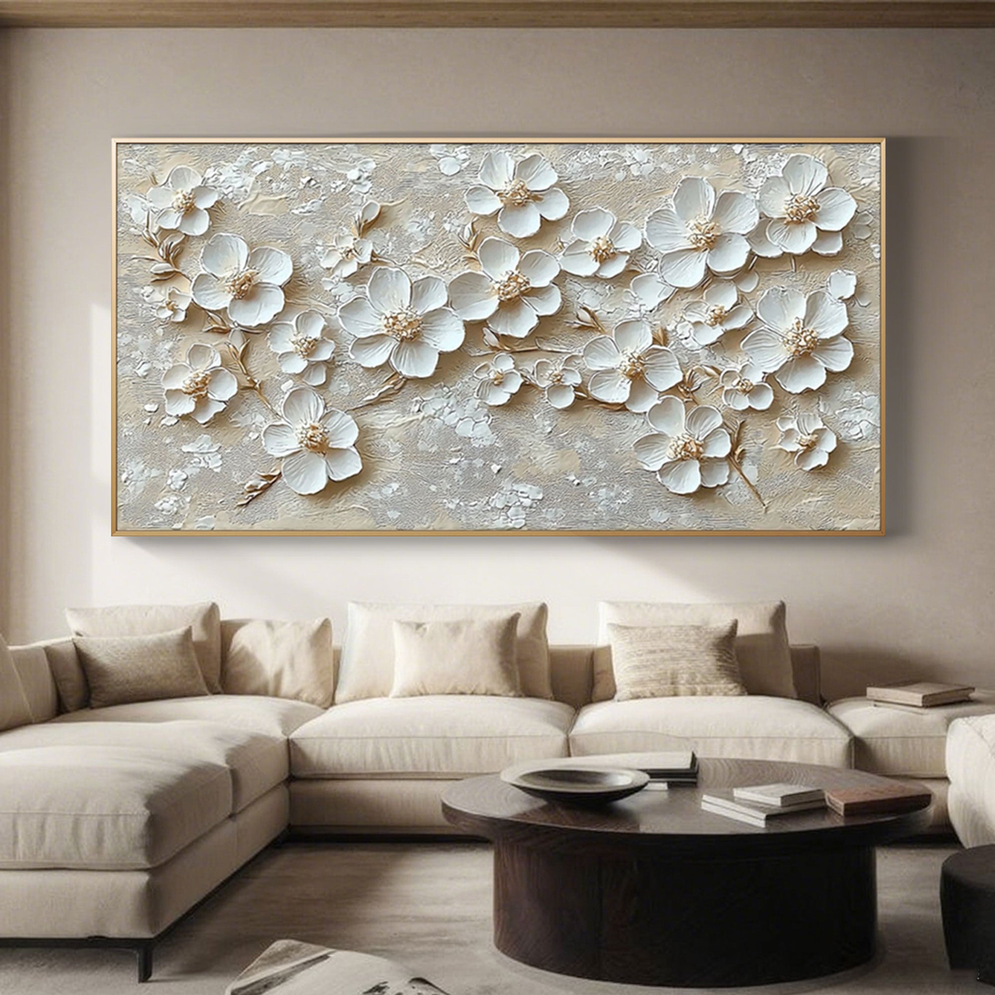 3D floral beige wall art displayed above a sofa in a modern living room setting.