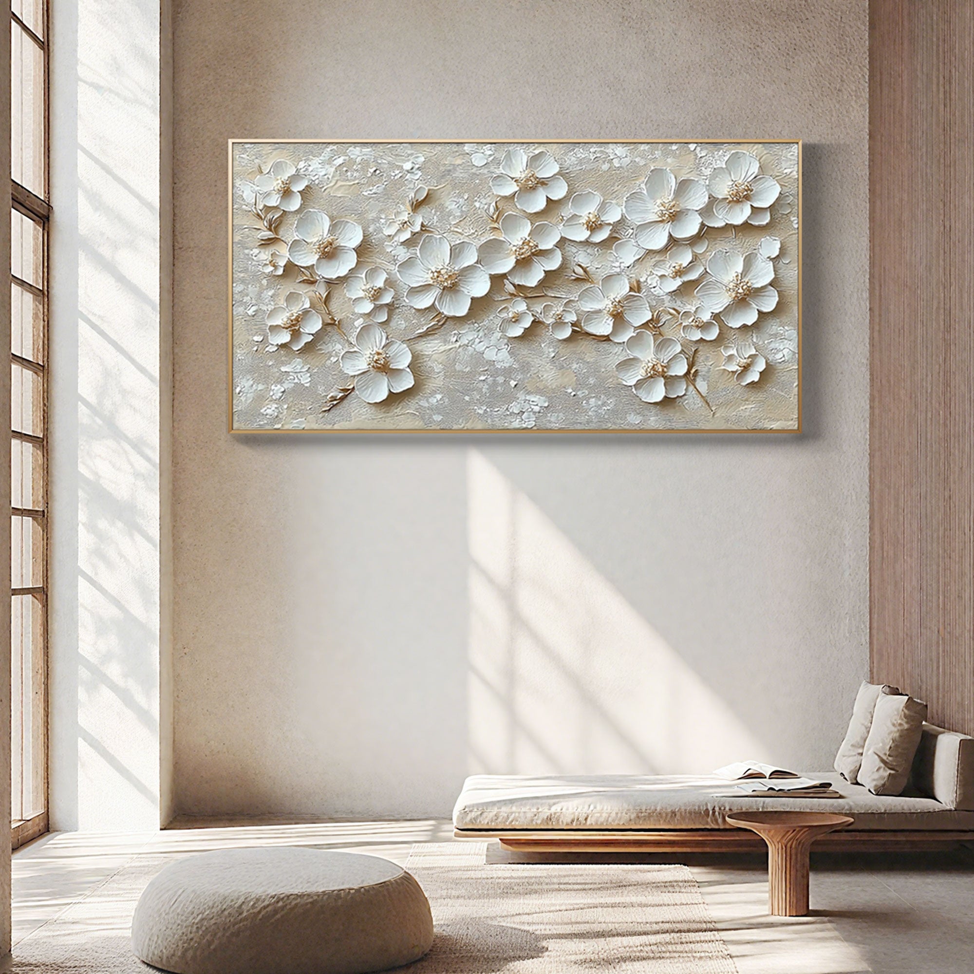 3D floral beige wall art with sculpted white flowers and textured canvas.