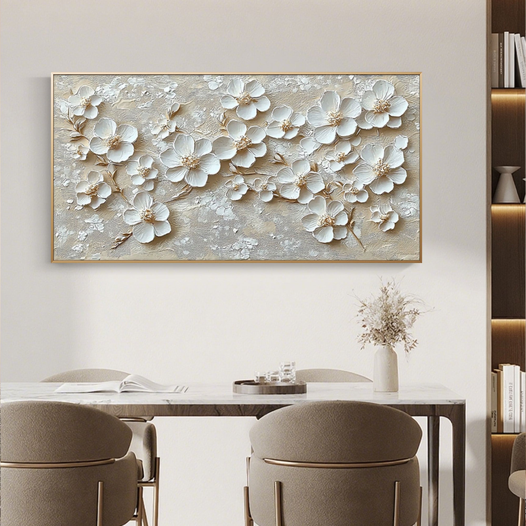 Beige floral canvas art in a stylish living room above a comfortable couch.
