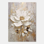 3D floral canvas art with raised white flower and gold leaf accents.