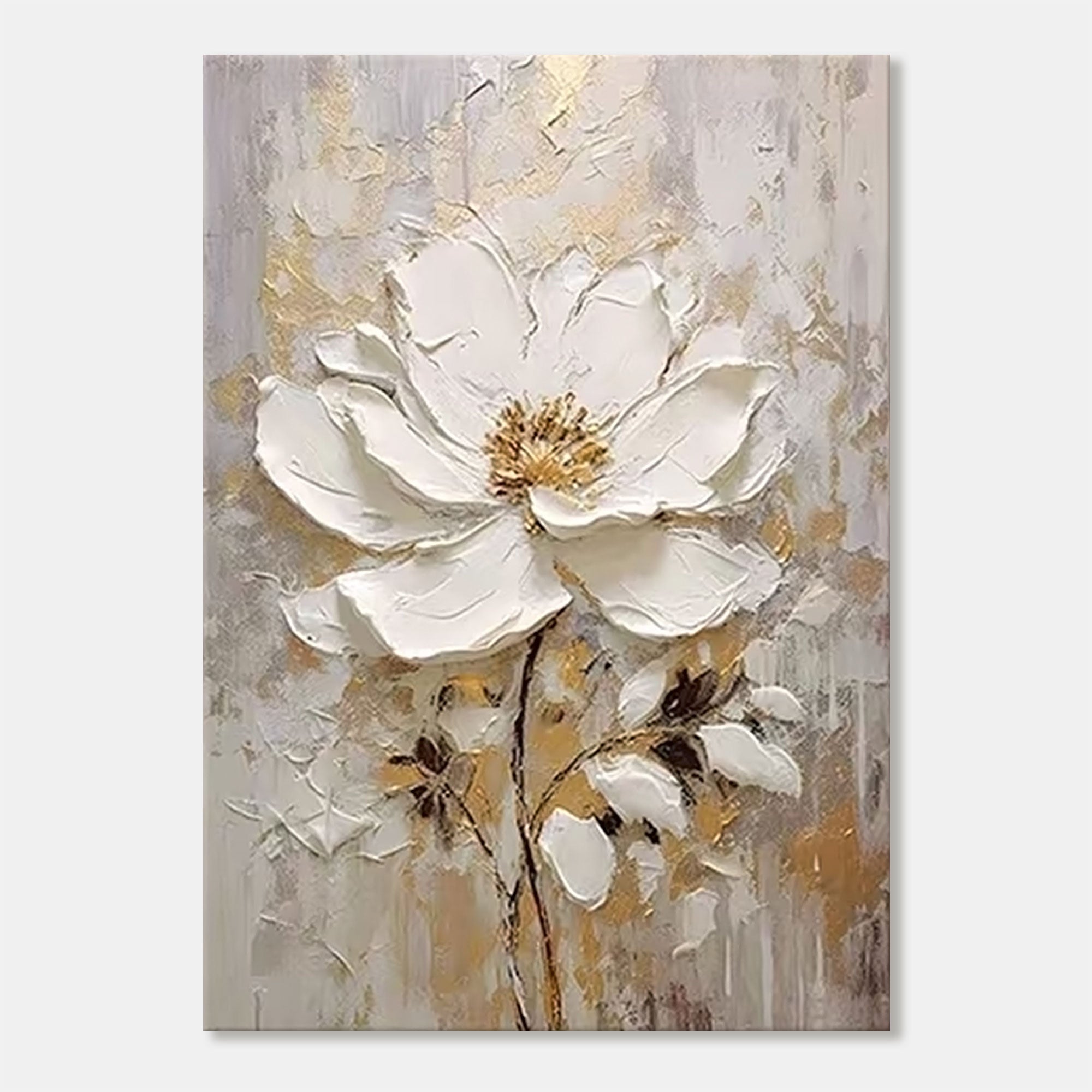3D floral canvas art with raised white flower and gold leaf accents.