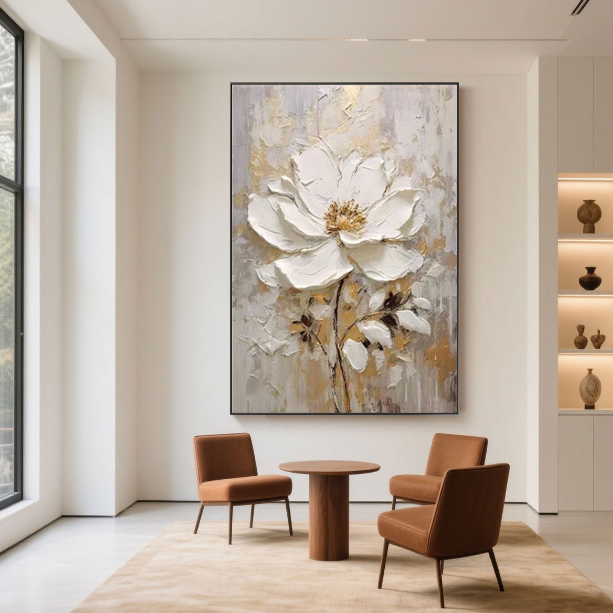 Vertical flower canvas art in neutral tones in a modern interior space..