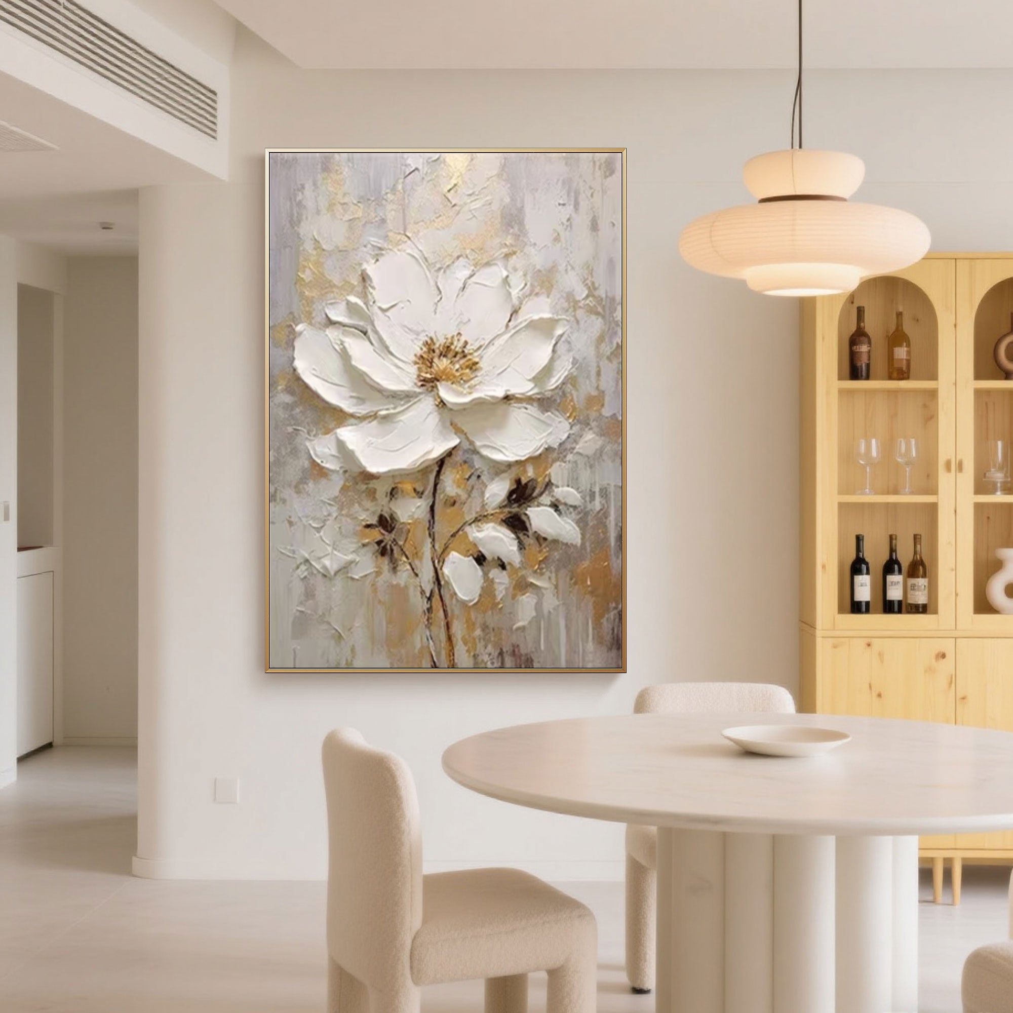 Vertical orientation of the 3D floral white gold canvas print .