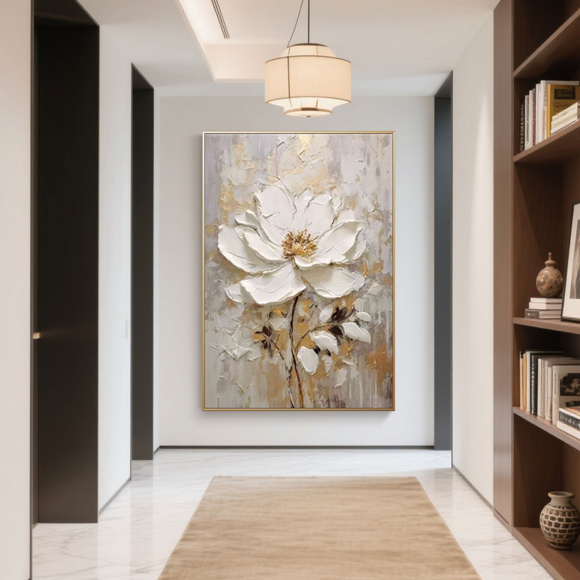 3D floral art in a hallway setting with warm ambient lighting.