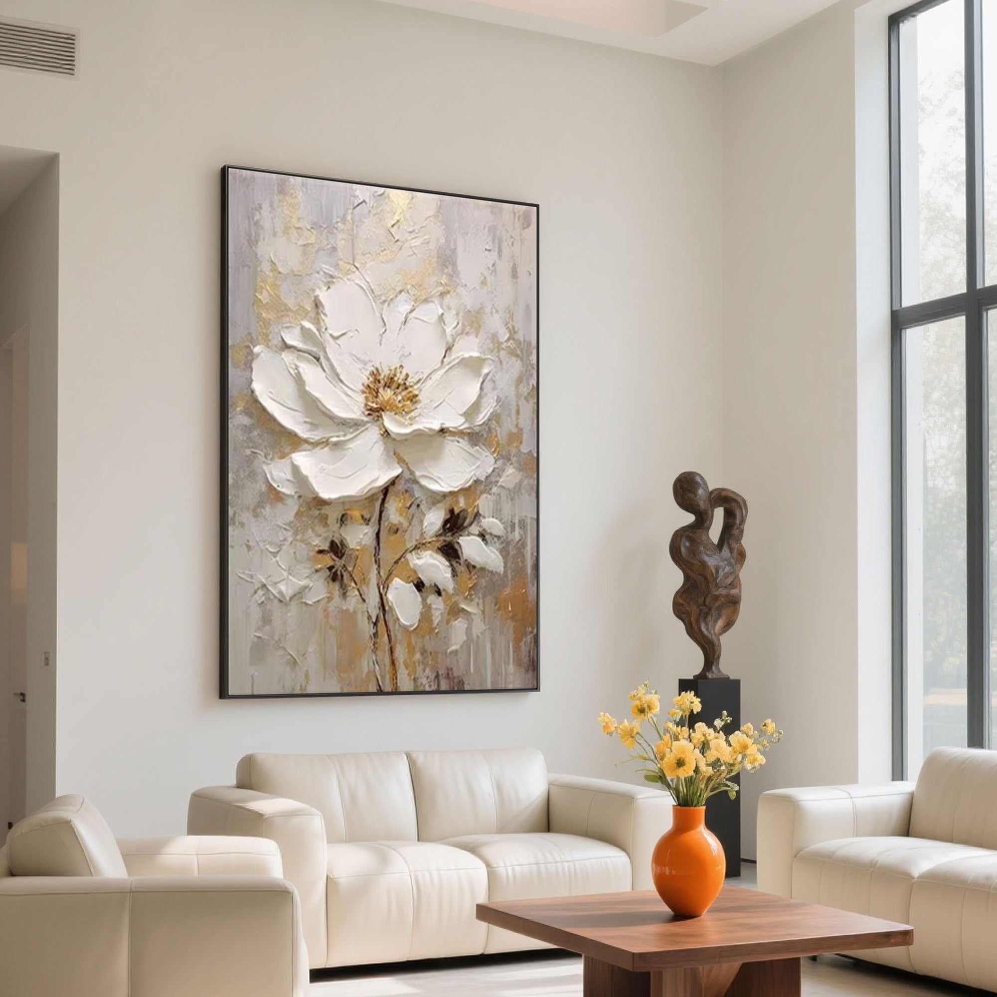 3D floral art on canvas with eco-friendly acrylics.