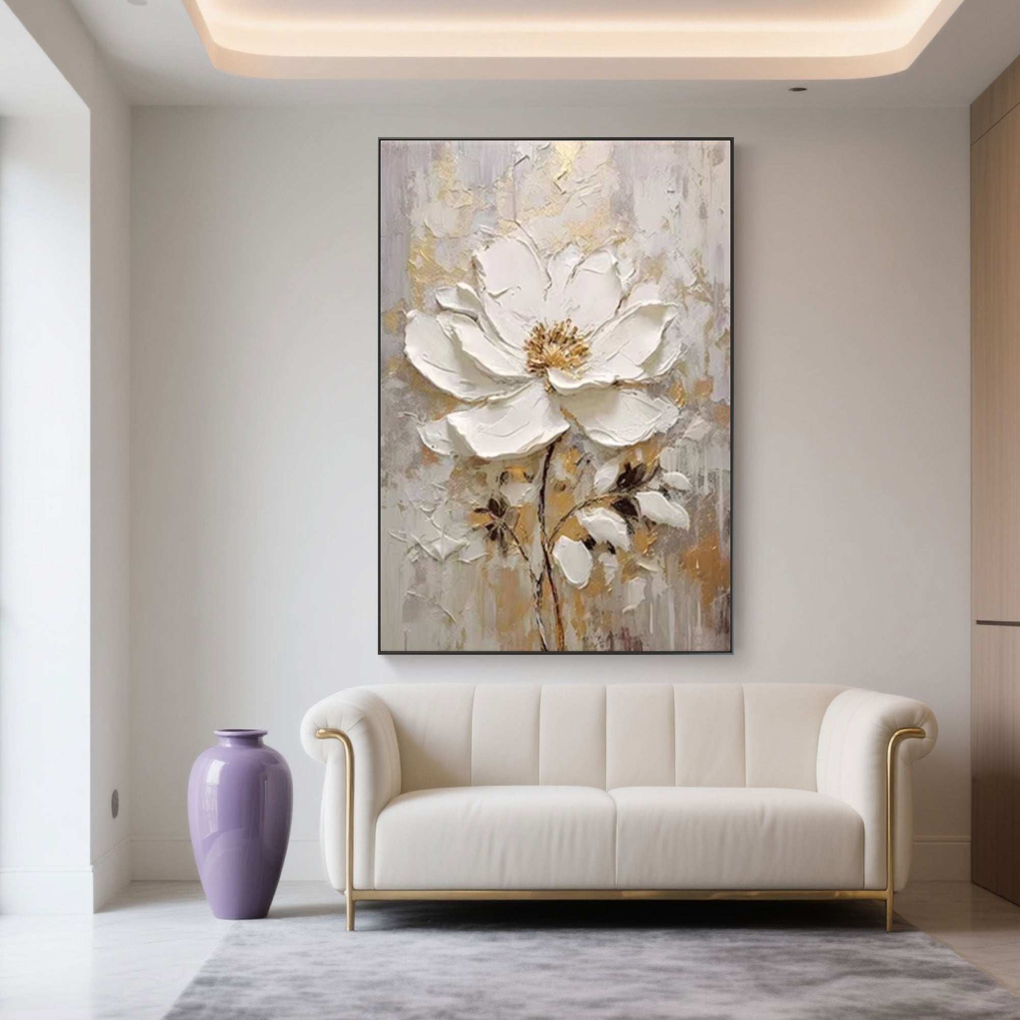 Framed 3D floral canvas art, ready to hang in a modern home.