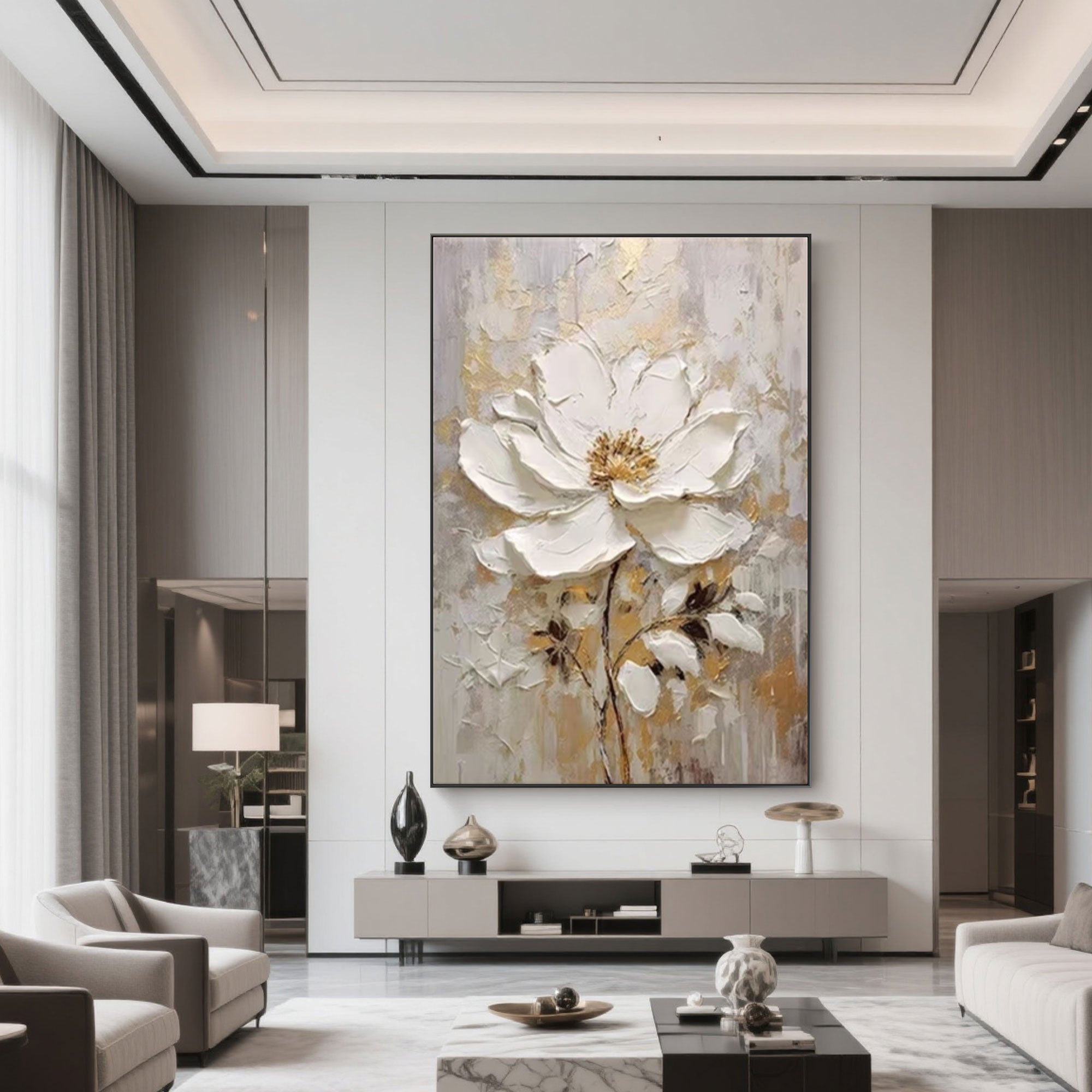 Modern living room featuring the 3D floral white and gold wall art.