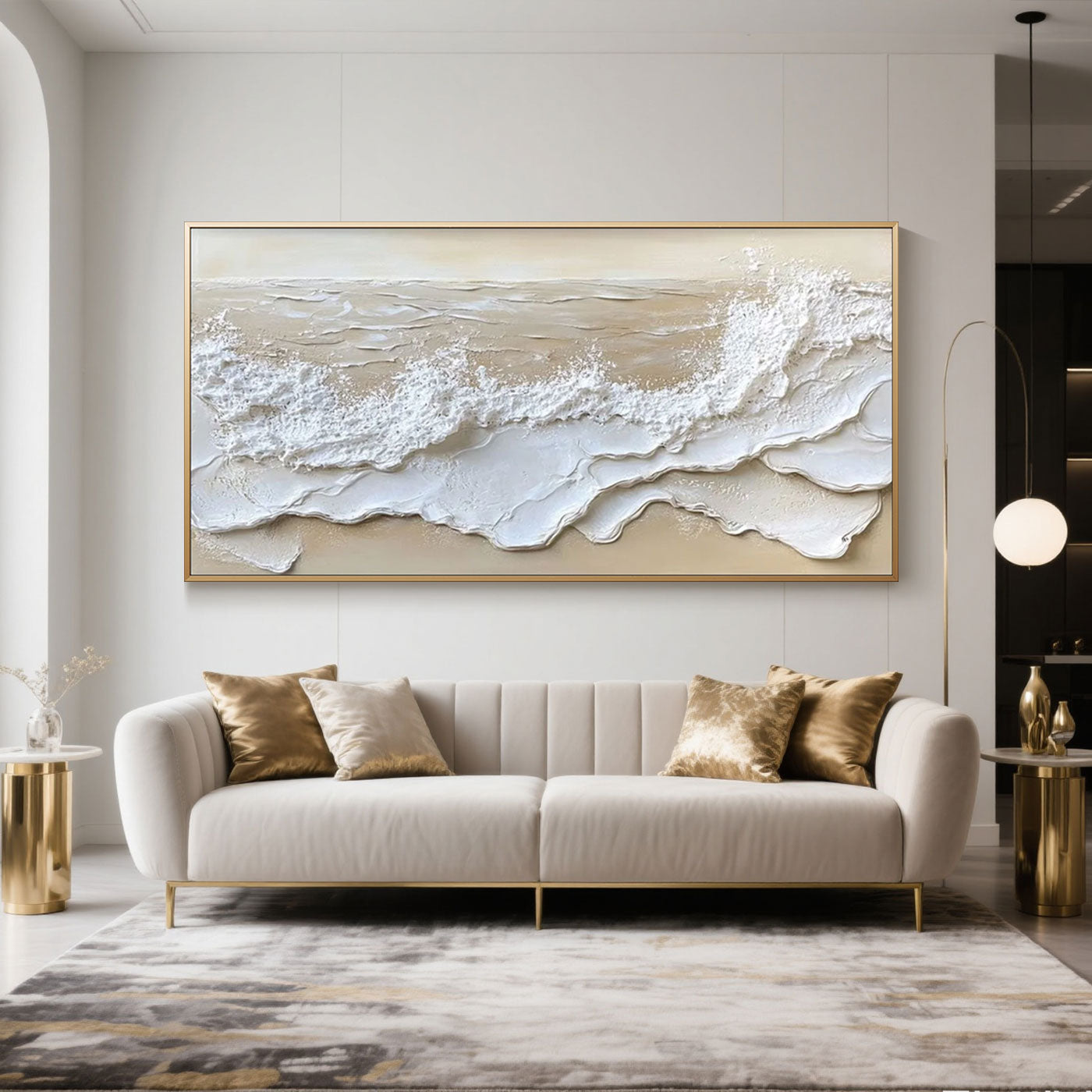 3D Ocean Wave Wall Art - Tide’s Whisper Modern Abstract 3D Ocean Wave Wall Art – Large Horizontal Canvas in White and Beige Home & Garden > Decor > Artwork > Large Wall Art > Hand-Painted Paintings Lumi Gallery