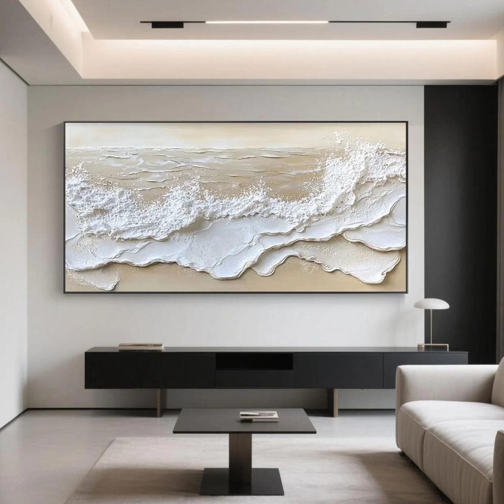 3D Ocean Wave Wall Art - Tide’s Whisper Modern Abstract 3D Ocean Wave Wall Art – Large Horizontal Canvas in White and Bei