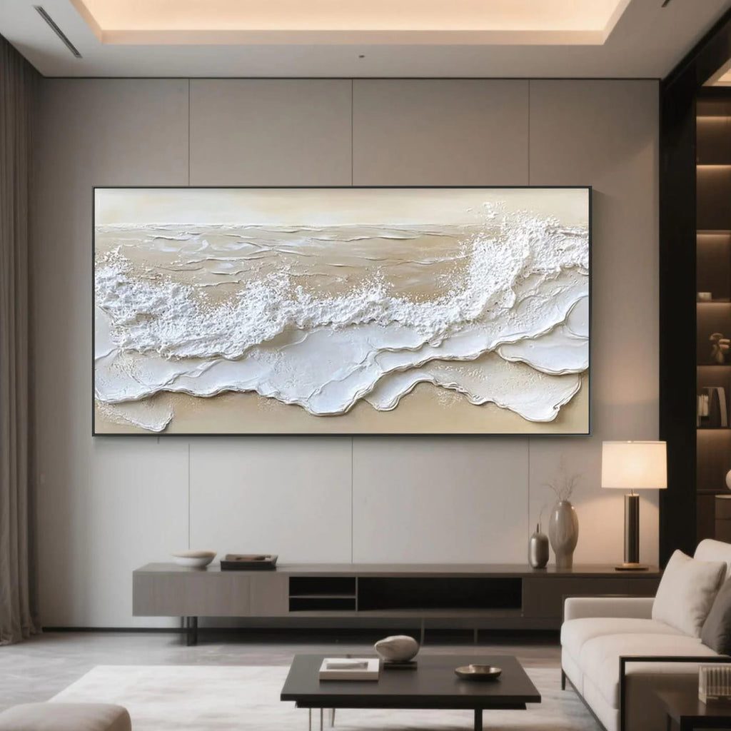 Hand-painted Textured 3D Ocean Wave Canvas Painting 'Tide's Whisper' - Modern Living Room Wall Art by Lumi Gallery
