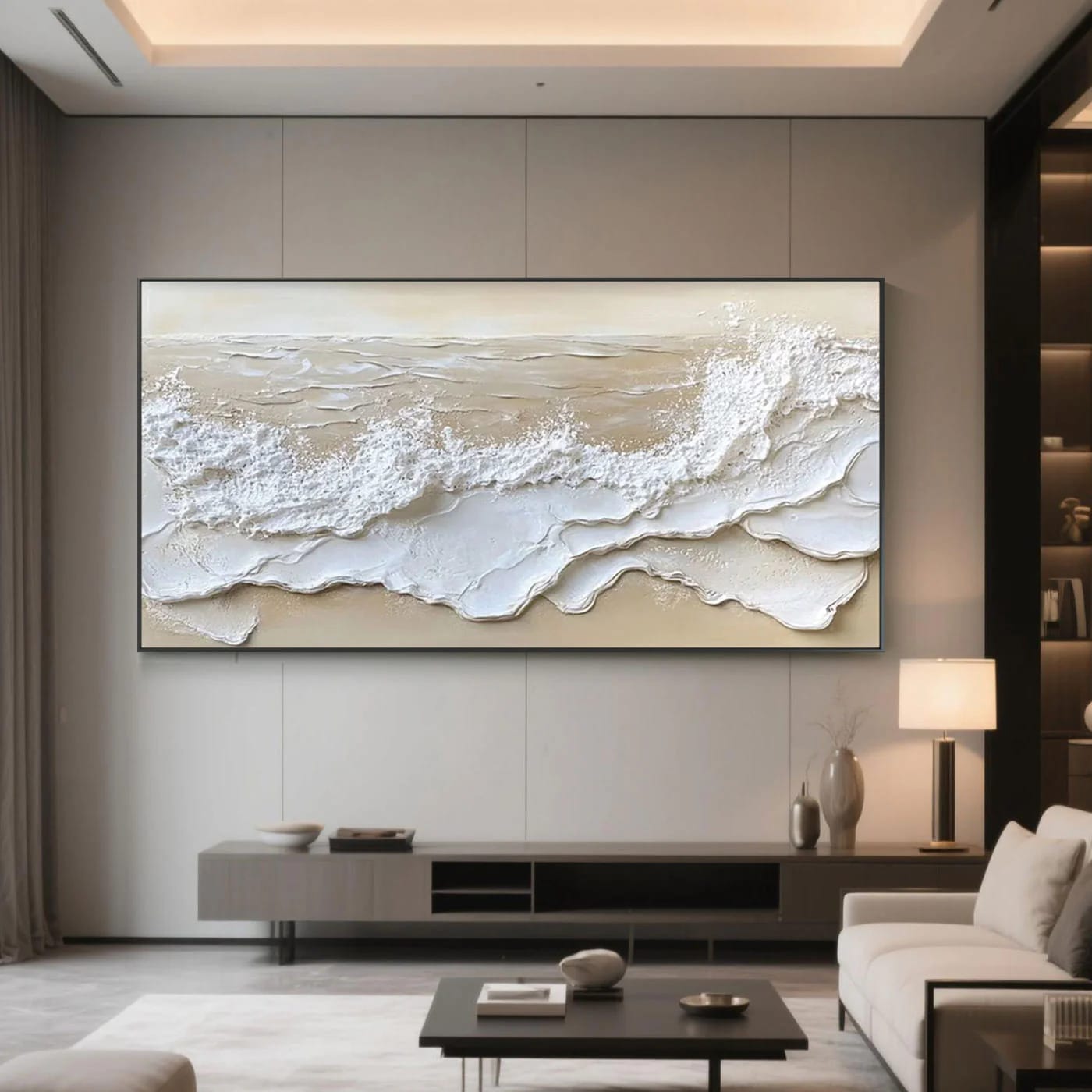 Hand-painted Textured 3D Ocean Wave Canvas Painting 'Tide's Whisper' - Modern Living Room Wall Art by Lumi Gallery