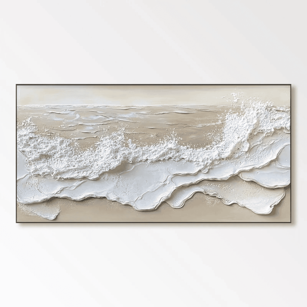 3D Ocean Wave Wall Art - Tide’s Whisper Modern Abstract 3D Ocean Wave Wall Art – Large Horizontal Canvas in White and Bei