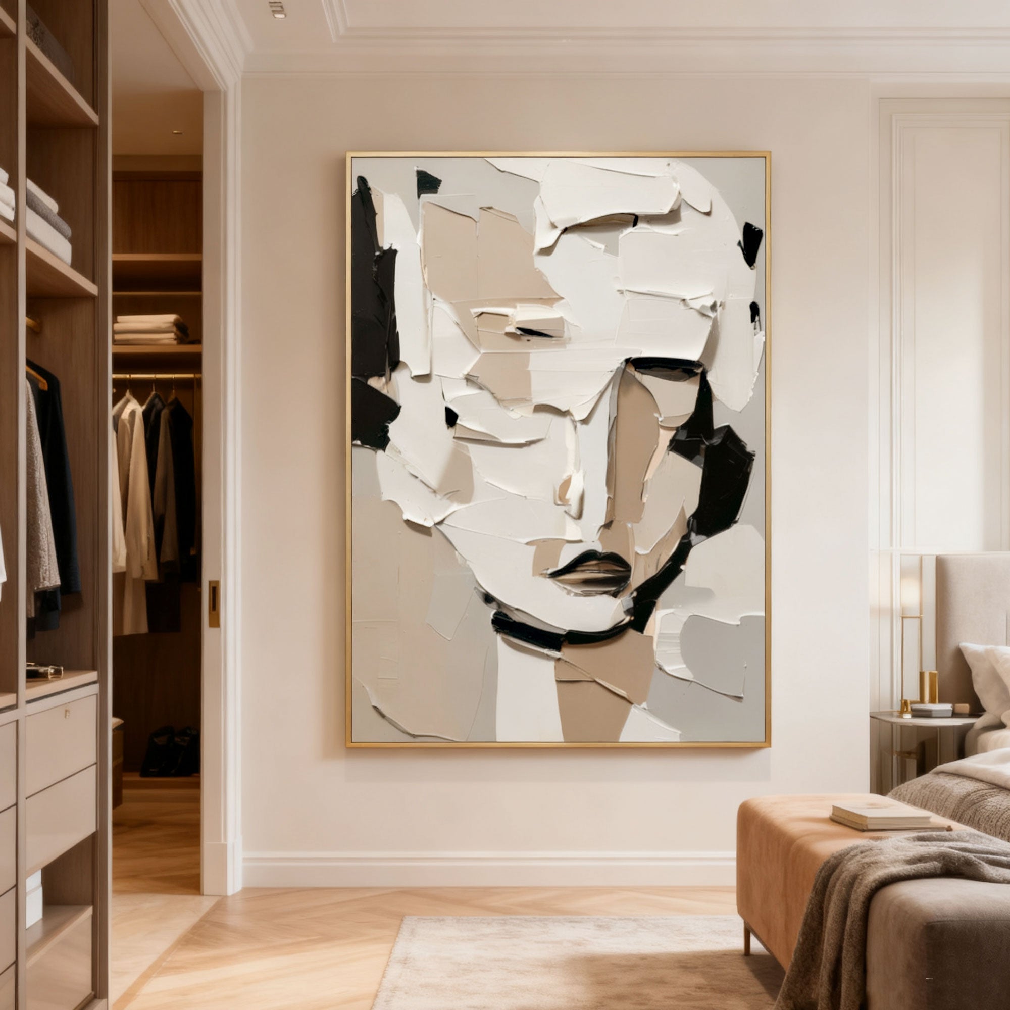 Lumi Gallery's 3D textured abstract modern portrait wall art with gold frame in bedroom