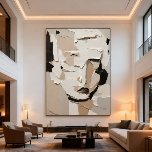3D textured abstract portrait wall art in neutral tones at Lumi Gallery