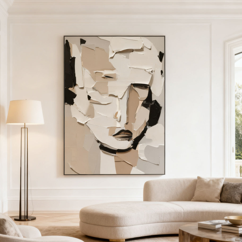 Hand-painted 3D textured abstract modern portrait 'Inner Contour' in beige, white, and black tones, displayed in a bright living room with neutral decor.