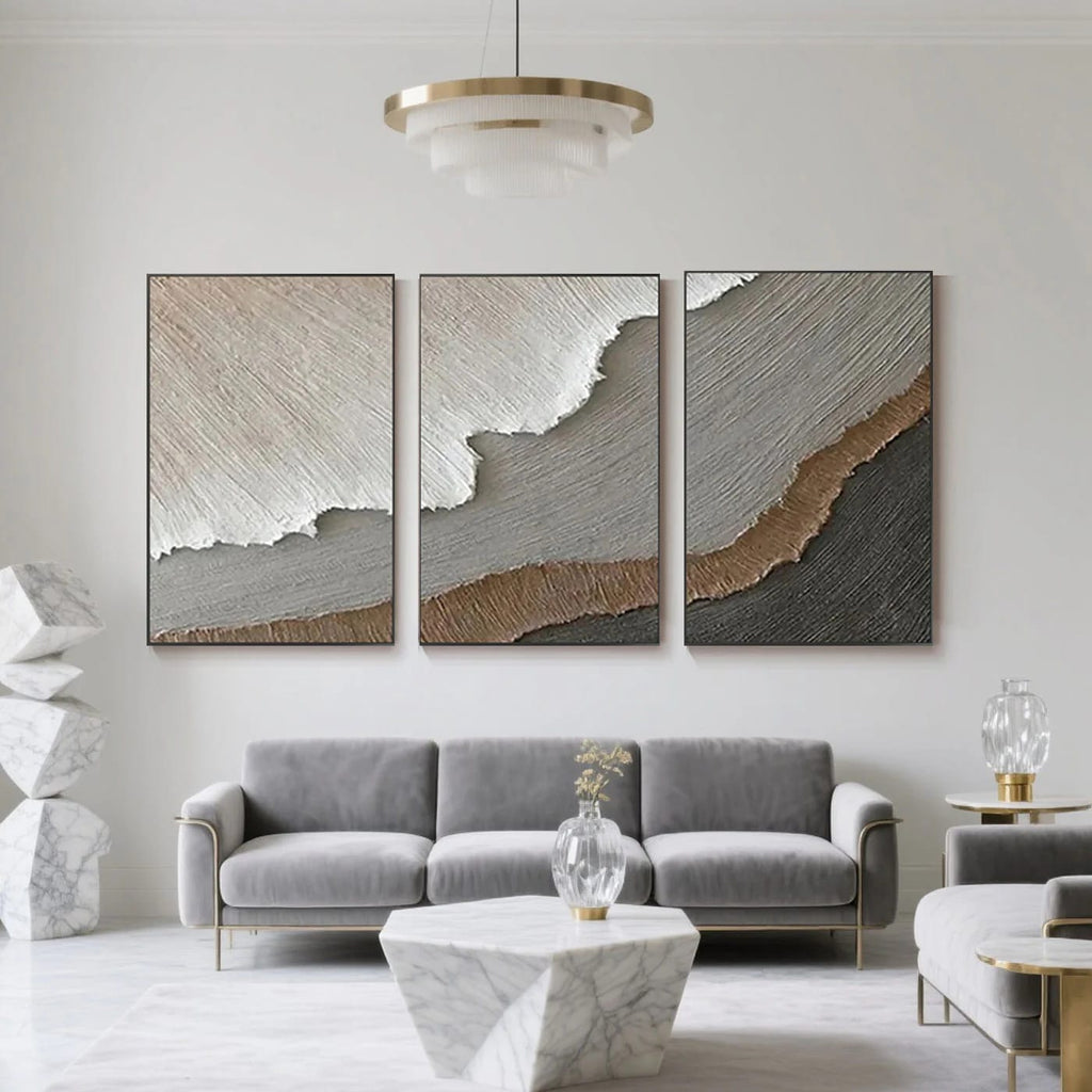 3D Textured Abstract Neutral Wall Art Strata - Hand-painted canvas triptych with earthy tones for living room decor