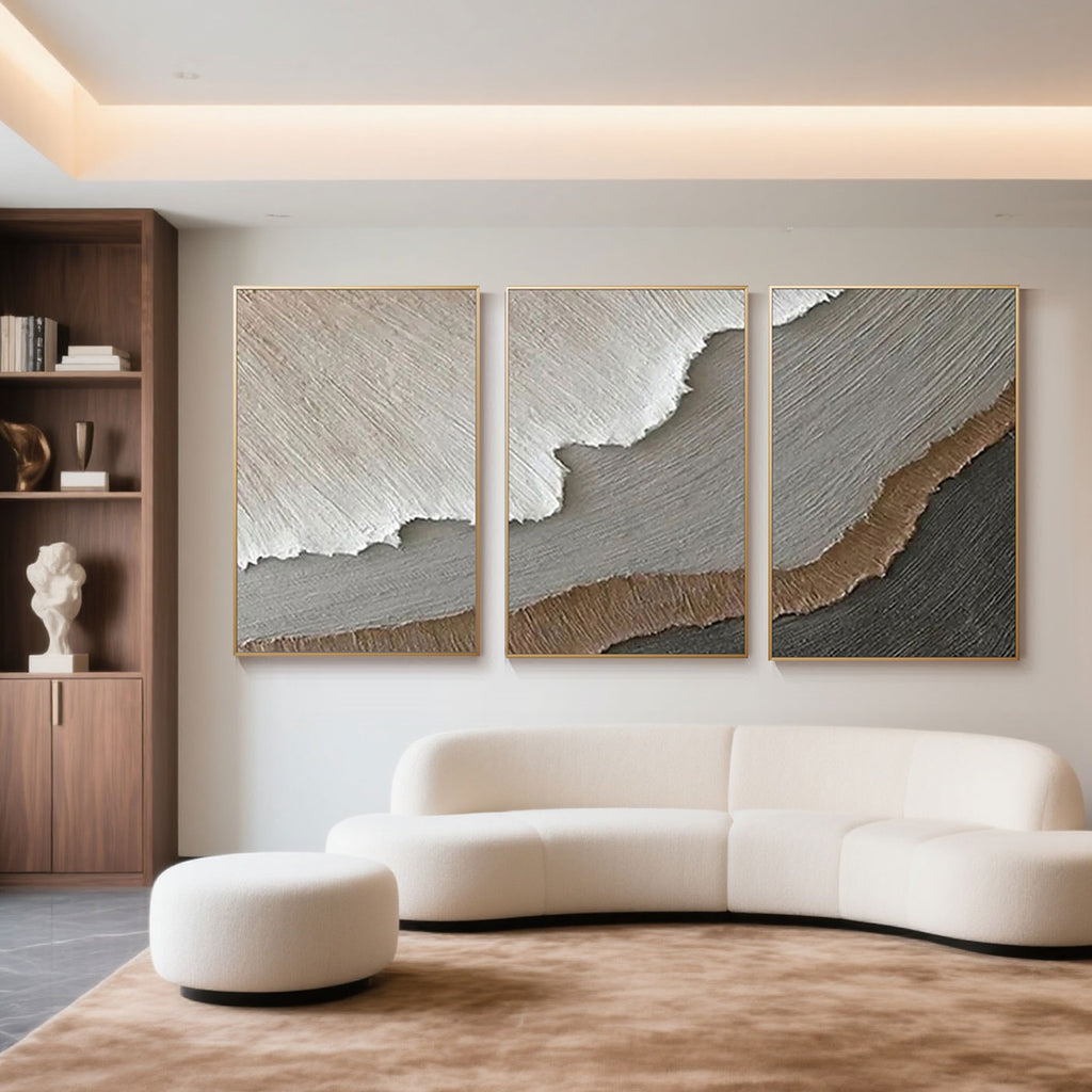 3D Textured Abstract Neutral Wall Art Strata - Three-panel canvas paintings with layered earthy tones