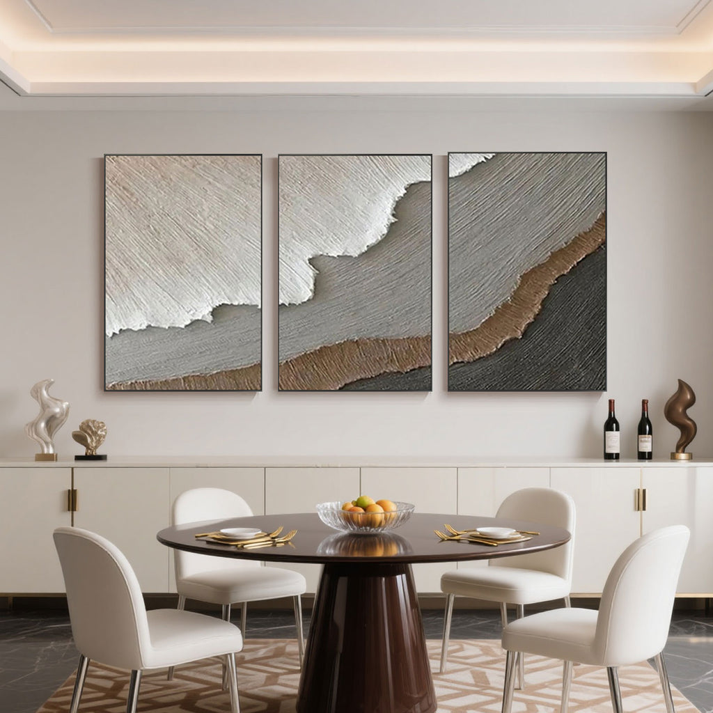 3D Textured Abstract Neutral Wall Art - Strata: Hand-painted three-panel abstract canvas with layered textures in neutral ...