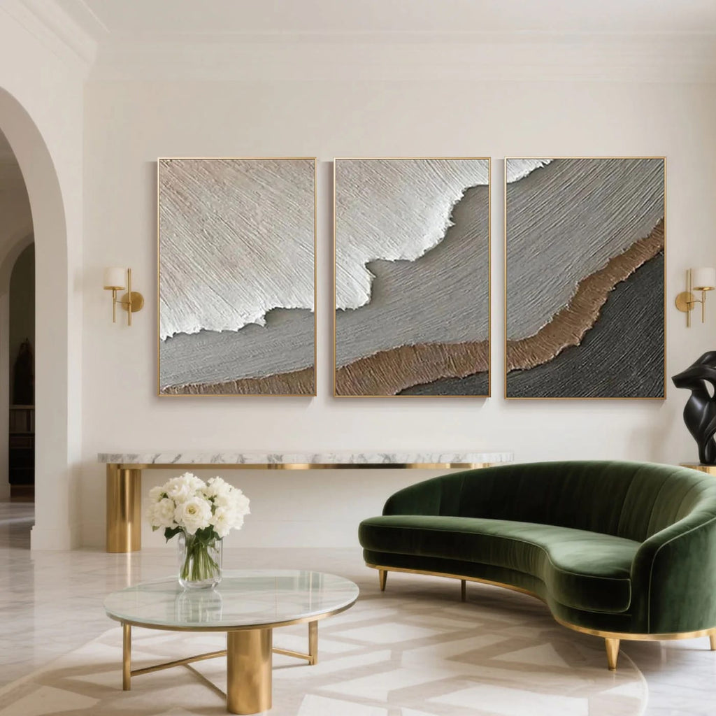 3D Textured Abstract Neutral Wall Art - Strata: Three-panel canvas paintings with layered earthy tones