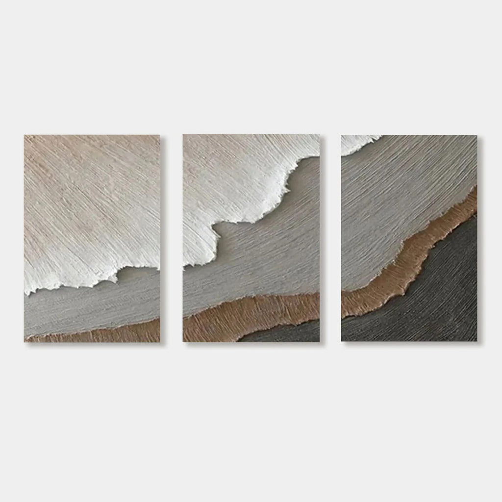 3D Textured Abstract Neutral Wall Art Strata - Three-panel hand-painted canvas with layered textured neutral tones