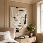 Lumi Gallery's 3D textured abstract portrait canvas art 'Quiet Within' with gold frame in bedroom setting