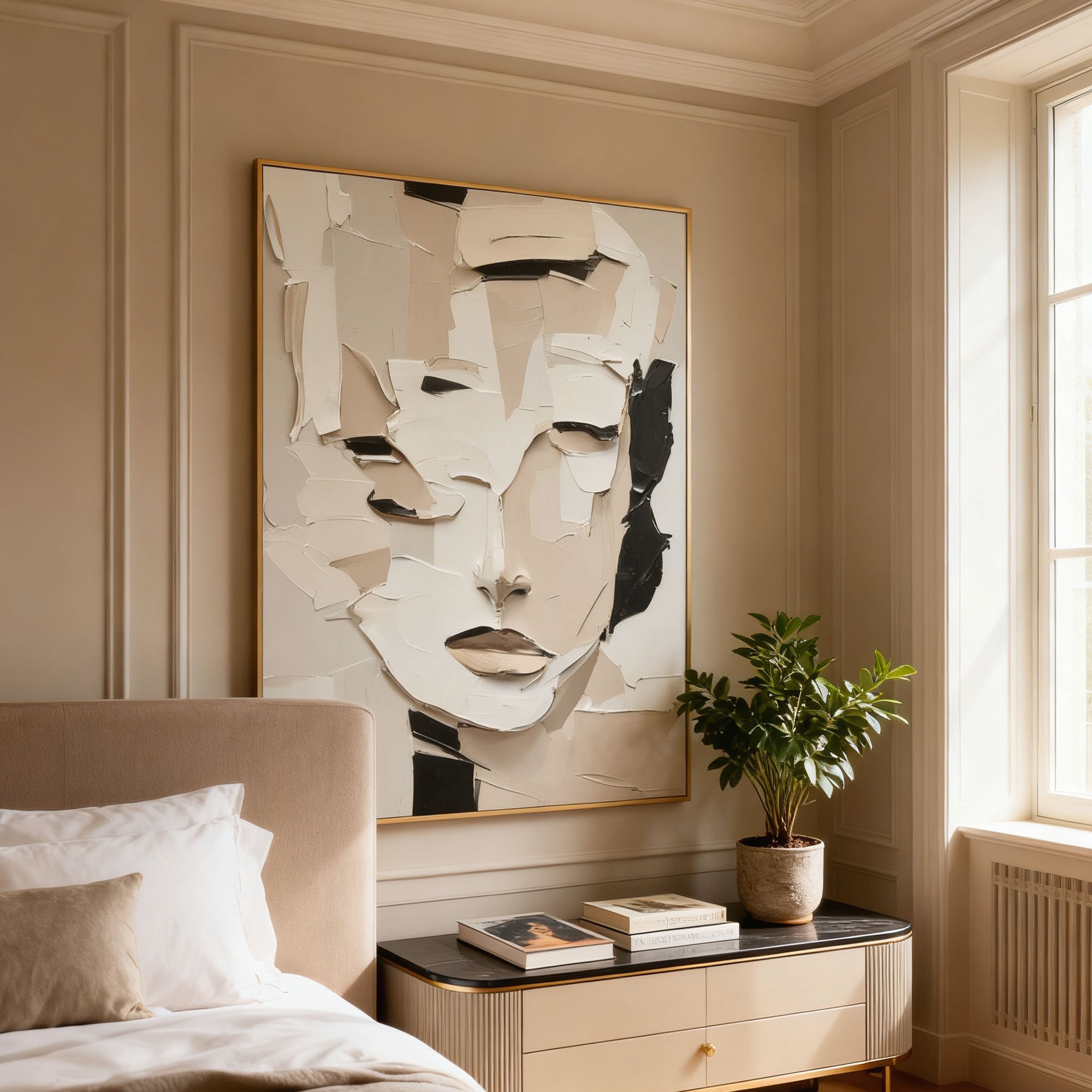 Lumi Gallery's 3D textured abstract portrait canvas art 'Quiet Within' with gold frame in bedroom setting