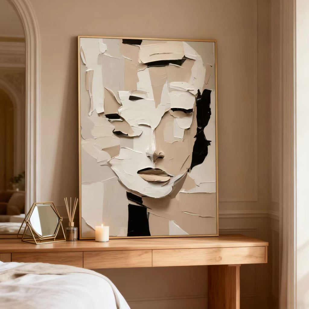 Lumi Gallery's 3D textured abstract portrait canvas art 'Quiet Within' with beige tones, framed, in bedroom setting