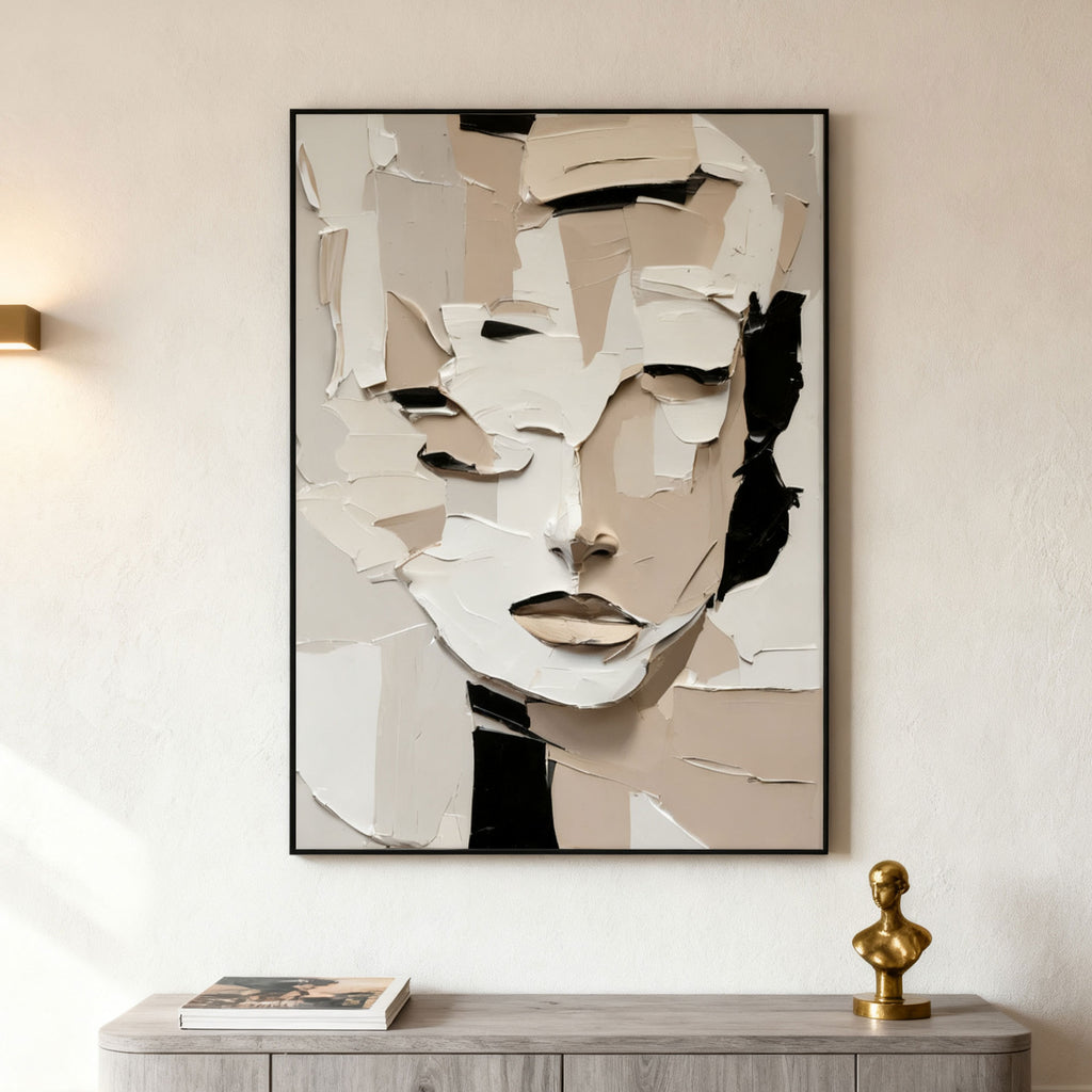 3D textured abstract portrait canvas art 'Quiet Within' by Lumi Gallery, mounted on wall above console table
