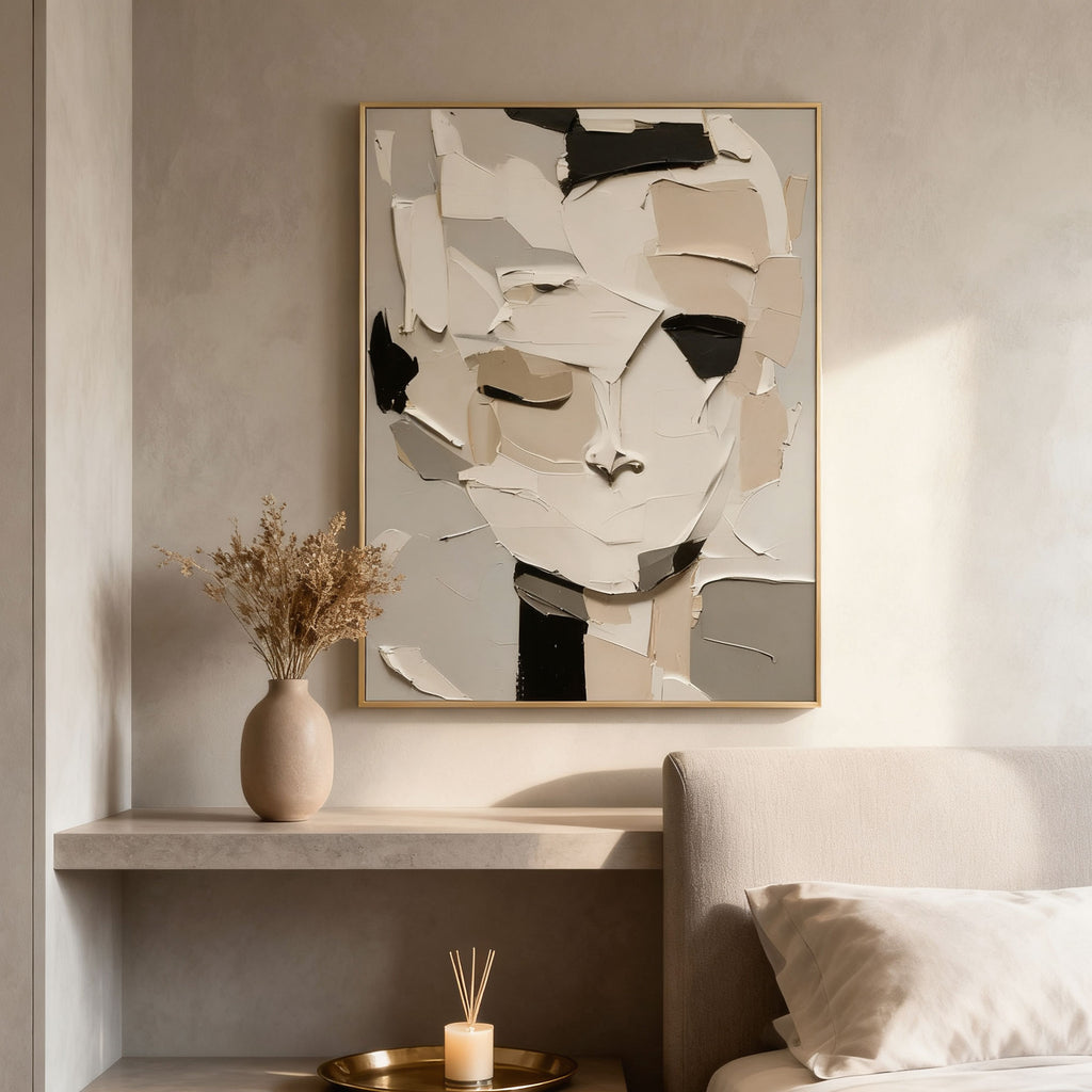 Lumi Gallery's 3D textured abstract portrait canvas art in neutral tones, mounted on wall with shelf decor