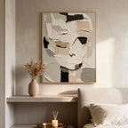 Lumi Gallery's 3D textured abstract portrait canvas art in neutral tones, mounted on wall with shelf decor
