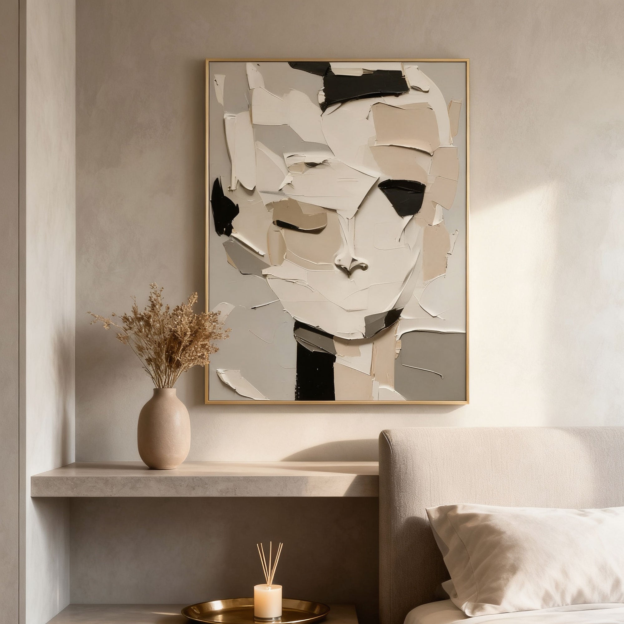 Lumi Gallery's 3D textured abstract portrait canvas art in neutral tones, mounted on wall with shelf decor