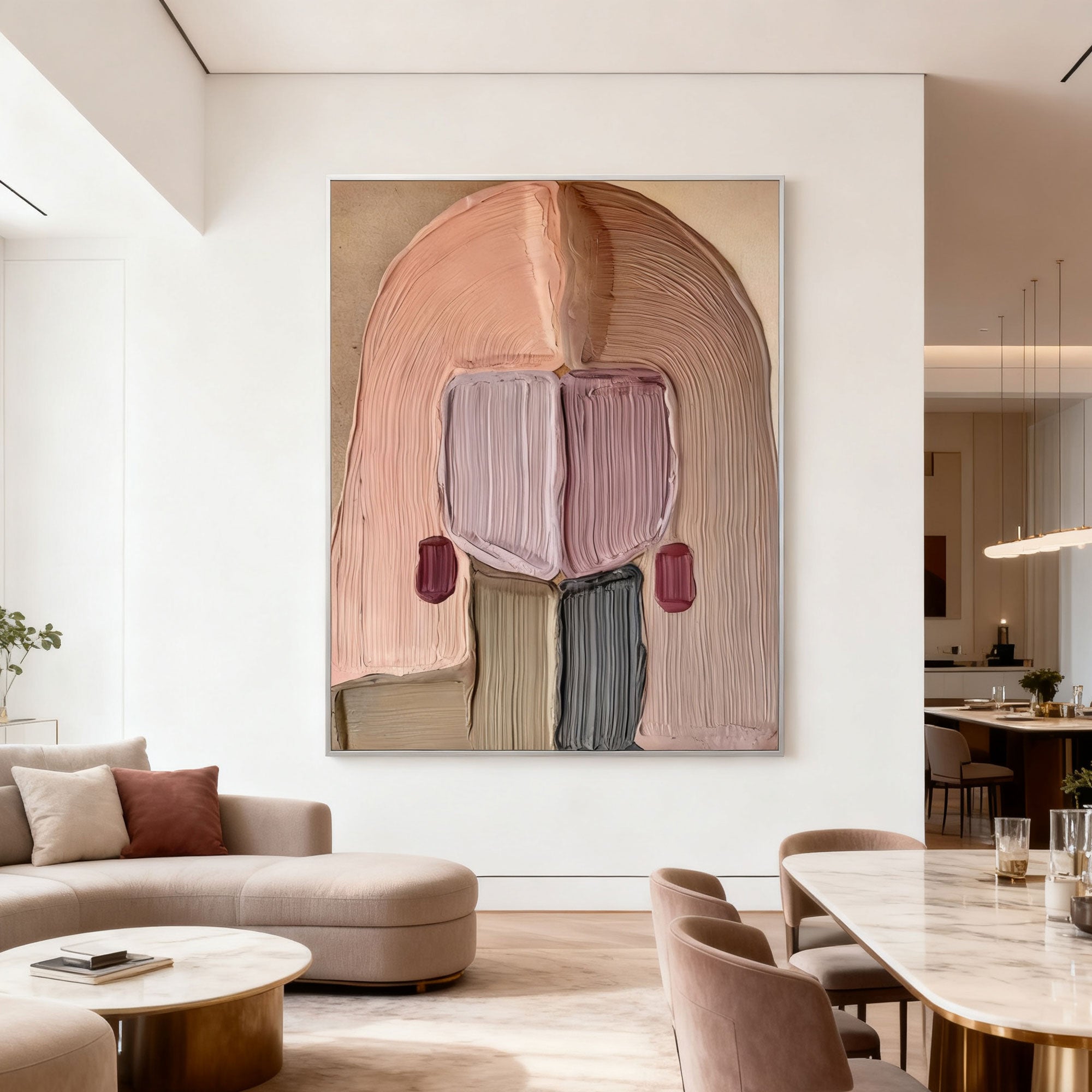 3D textured abstract portrait wall art in soft pinks/beiges at Lumi Gallery living room