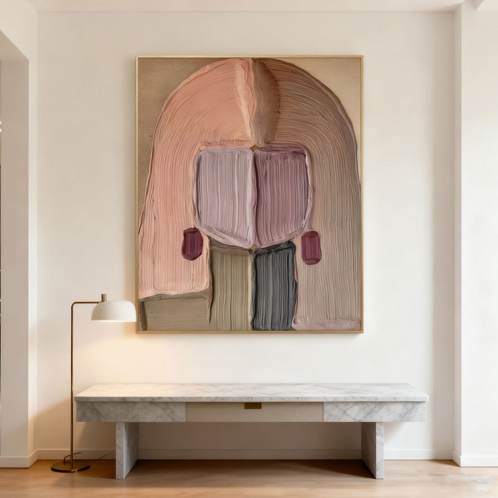 3D Textured Abstract Portrait Wall Art 'Soft Partition' with soft pink, lavender, beige, and dark gray brushstrokes in a gold frame, displayed in a minimalist interior.