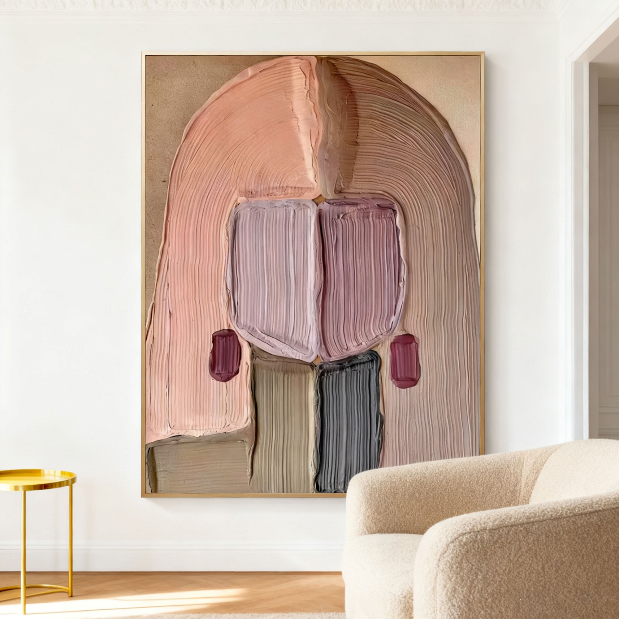 Lumi Gallery's 3D textured abstract portrait wall art with pastel colors, textured brushstrokes, modern living room